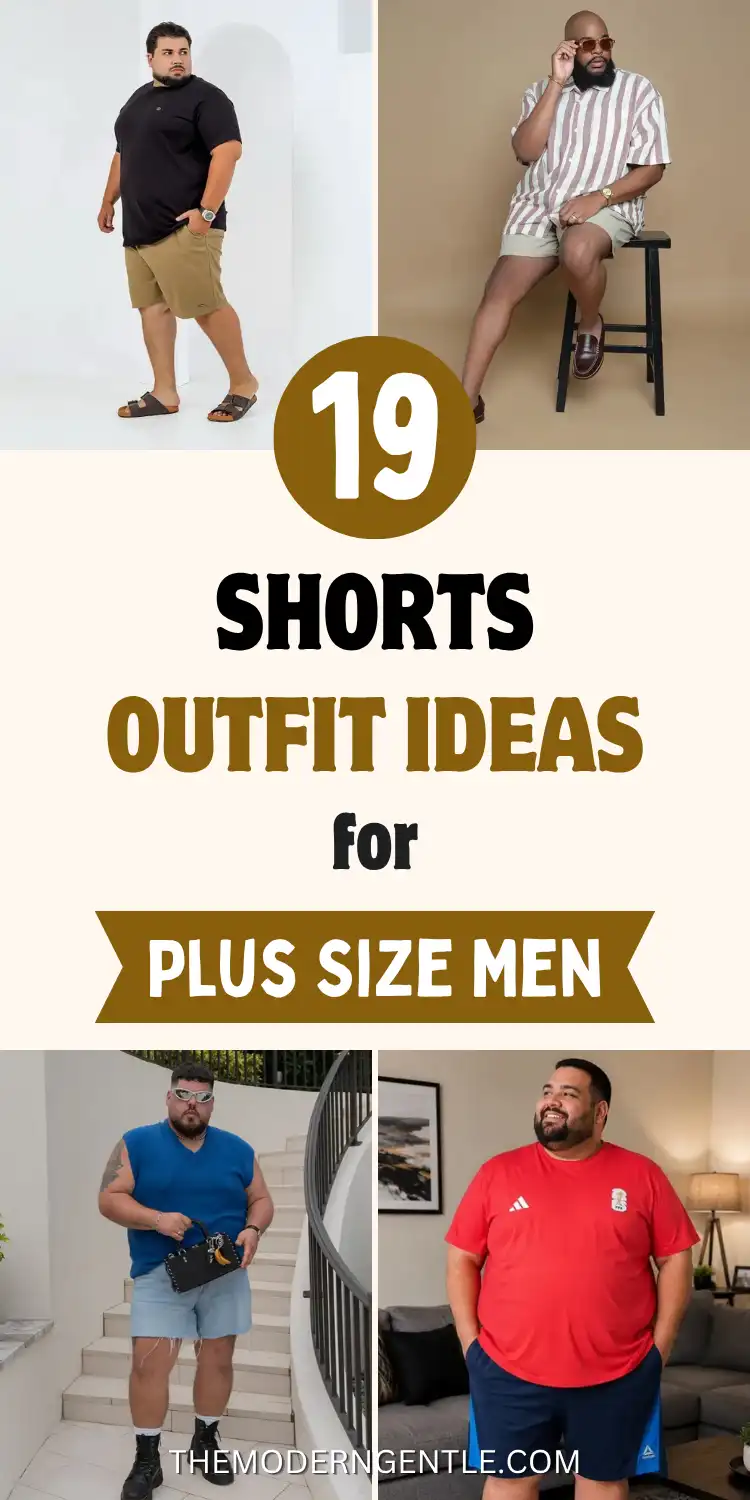 Four plus size men modeling summer shorts outfits on a cream pin graphic reading 19 Shorts Outfit Ideas for Plus Size Men. Top left, a black tee with tan flat front shorts and brown sandals. Top right, a burgundy striped camp shirt with sage shorts and leather loafers. Below, a blue sweater vest over denim cutoff shorts and boots, then a red tee with navy athletic shorts in a living room.