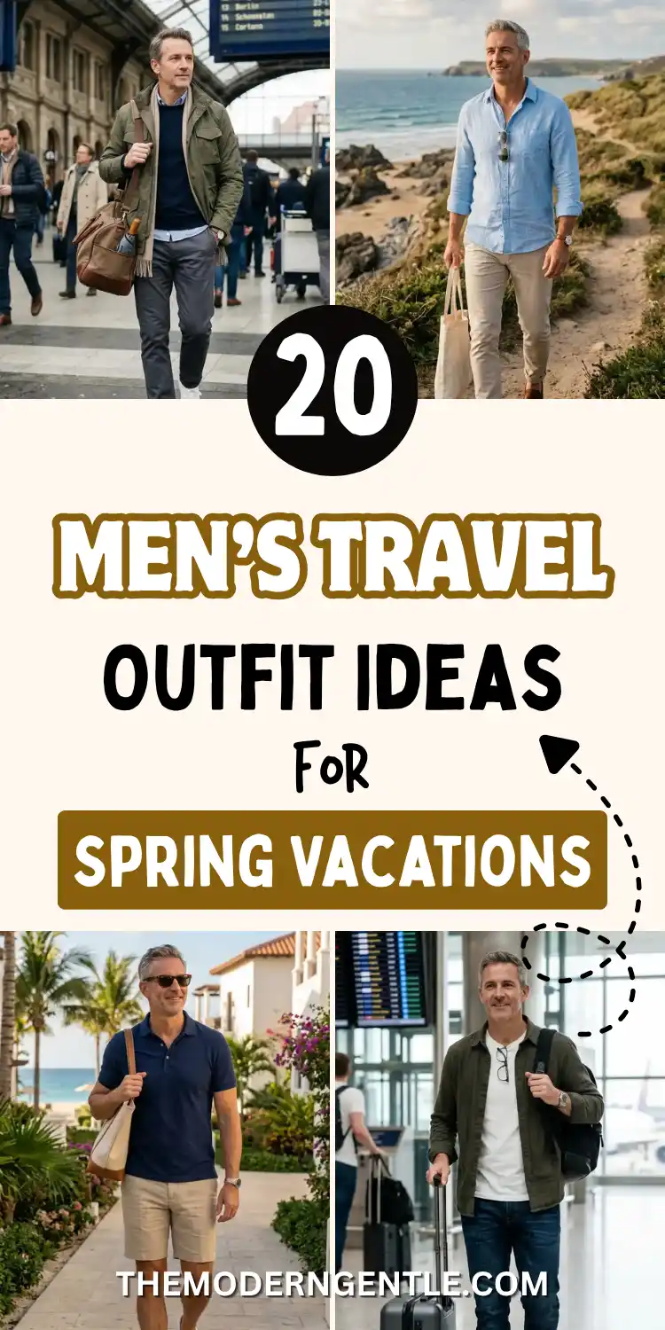 20 Men’s Travel Outfit Ideas for Spring Vacations 2 Four travel scenes show mens vacation style in action: an olive jacket over a navy sweater in a train station, a light blue chambray shirt with beige chinos on a coastal path, a navy polo with shorts near palm trees, and an airport outfit men favor, an olive overshirt with jeans and a rolling suitcase. Bold text reads 20 Men's Travel Outfit Ideas for Spring Vacations, highlighting resort wear for men and versatile packing.