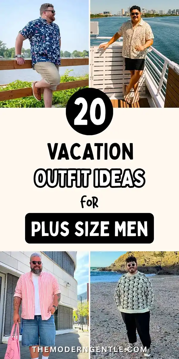 20 Vacation Outfits for Plus Size Men No One Tells You About 2 Cream collage of four vacation outfits for plus size men. Top left, a navy floral shirt with rolled khaki shorts and tan sneakers by a lake. Top right, an open weave cream camp shirt with black shorts on a boat deck. Bottom left, a pink striped shirt over a white tee with denim shorts and a pink tote. Bottom right, a patterned knit sweater with black trousers on a pebble beach.