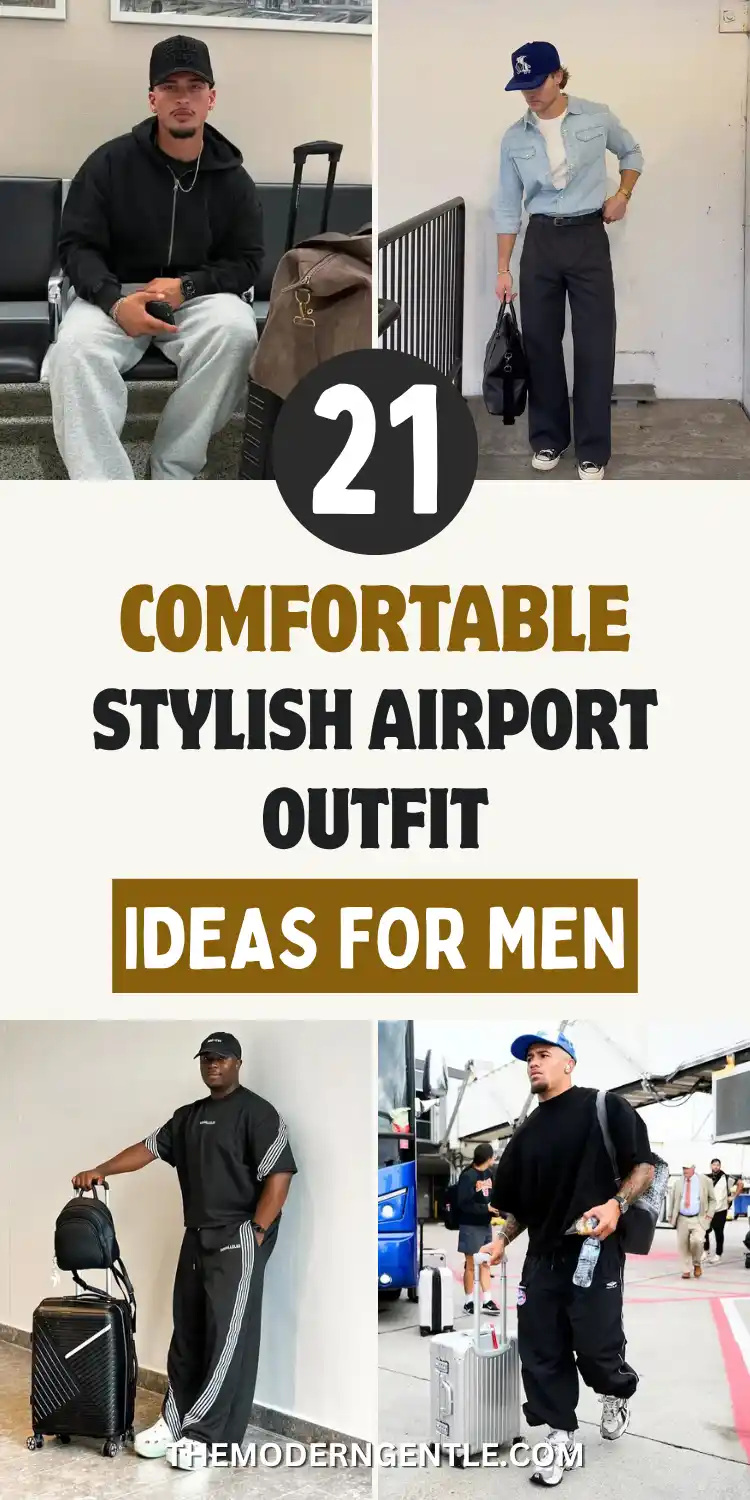 Four photo airport style collage for men: a man seated in a black zip hoodie and grey sweatpants beside a brown duffel bag, another in an open denim shirt over wide leg trousers holding a black duffel, a third in a black and white striped two piece set with a rolling suitcase and backpack, and a fourth walking outdoors in an oversized black tee and track pants with a blue cap. Text reads Comfortable Stylish Airport Outfit Ideas For Men.