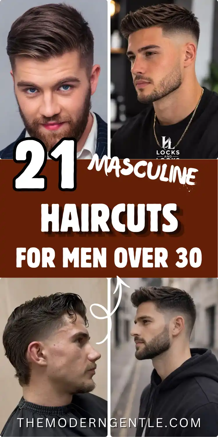 21 Masculine Haircuts for Men Over 30 That Look Sharp, Not Dated 2 Four photo grid of masculine haircuts for men over 30 with a rust brown title panel across the middle. A bearded man wears a swept back hairstyle in a navy pinstripe jacket, another shows a spiky quiff with a mid fade in a black tee, a wet look shag with a drop fade sits in profile in a barbershop chair, and a brushed up crop pairs with a hoodie outdoors. Warm brown and neutral tones.