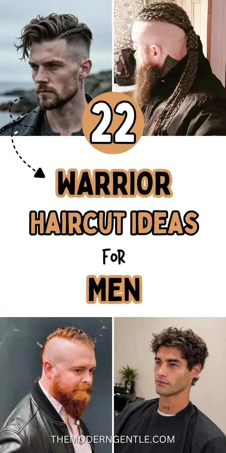 22 Warrior Haircut Ideas for Men: Braids, Fades, and Full Beards 2 A four photo Pinterest grid titled Warrior Haircut Ideas for Men with a bold orange 22 badge in the center. Photos show a windswept fade with a thin braid on a rocky coast, a close profile of thick viking braids over shaved sides with a long red beard, a red bearded man in a leather jacket with a red undercut, and a barbershop shot of a textured curly mullet, illustrating mens long hairstyles and skin fade with beard combinations.