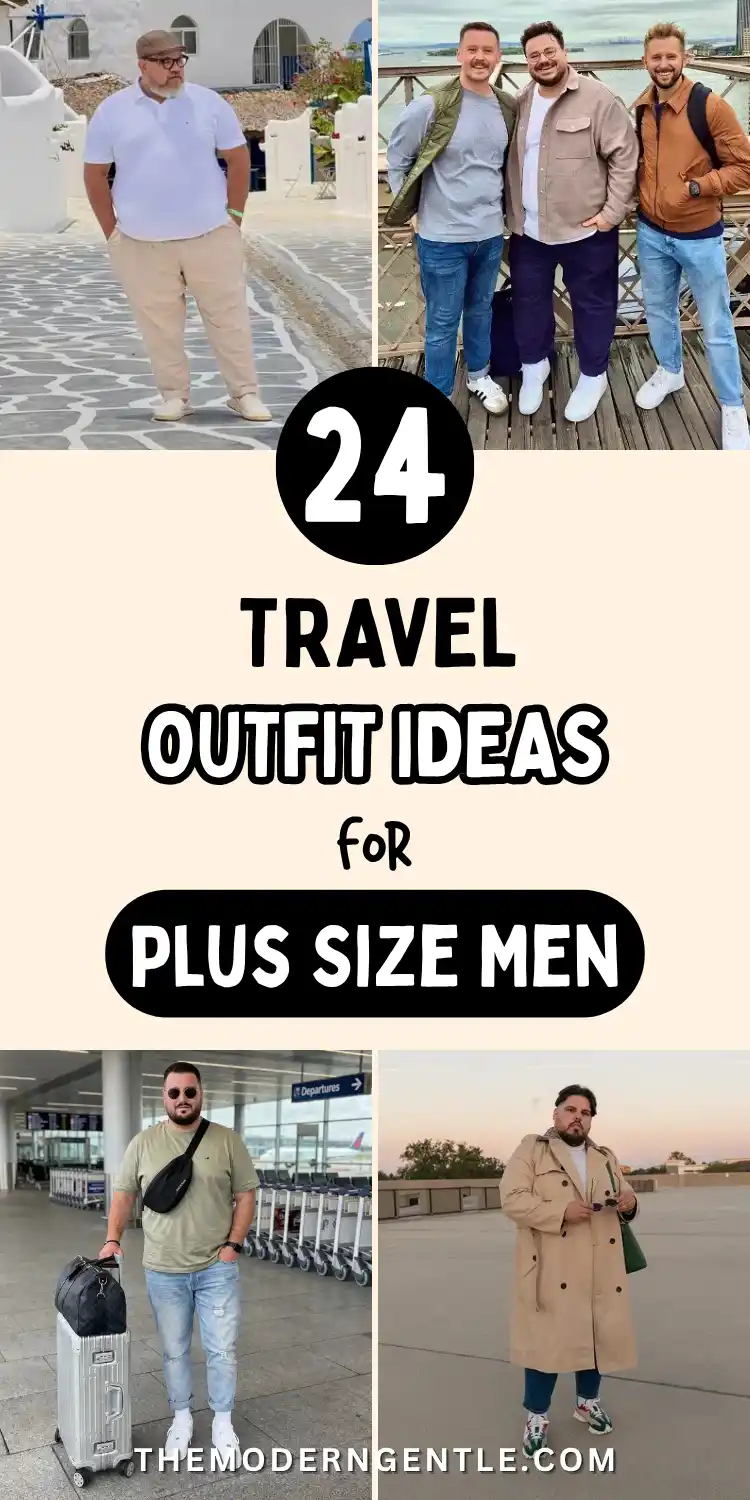 24 Travel Outfit Ideas for Plus Size Men Worth Saving Right Now 2 Collage of travel outfit ideas for plus size men with bold text on cream. Top left shows a white polo with beige chinos on a whitewashed Greek street. Top right, a taupe overshirt over a white tee with navy trousers. Bottom left, an olive tee with light wash cuffed jeans, white sneakers and a black sling bag in an airport. Bottom right, a long tan trench coat over jeans at sunset.
