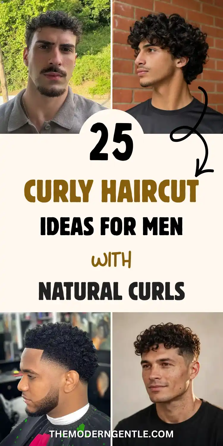A four photo collage shows men with natural curly hairstyles, from a loose curl top with light stubble outdoors and a fuller curly crop against brick, to a tight coily fade with a sharp temple line in profile and a textured curl crop with side part curls and a low fade. Bold brown and black text reads 25 Curly Haircut Ideas for Men With Natural Curls, spotlighting men's grooming and curly hair men style options.
