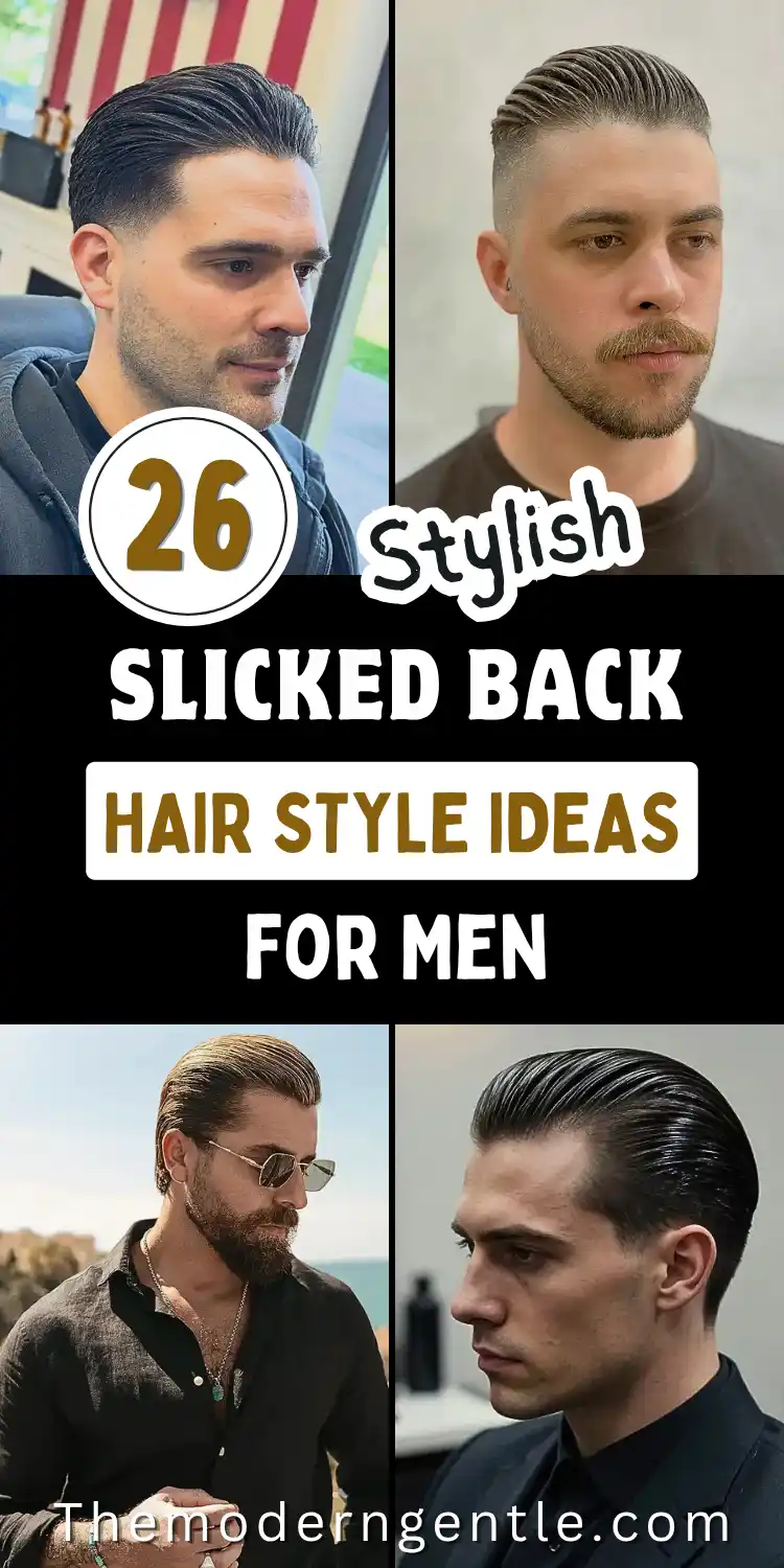 A four photo pin shows men with slicked back hairstyles: one profile with a low fade and stubble against striped fabric, another with visible comb tracks, a skin fade, and a mustache, a blonde beard paired with sunglasses outdoors, and a glossy wet look slick back with a full beard in a dark blazer. Bold black text reads 26 Stylish Slicked Back Hair Style Ideas For Men over the barbershop inspired grid.