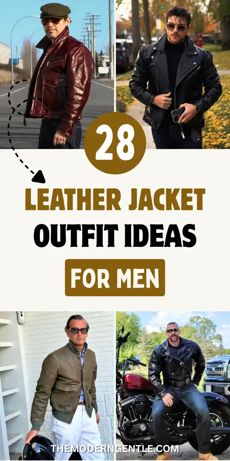 Four photo collage of leather jacket outfits for men: an oxblood vintage jacket with a flat cap and sunglasses on a city street, a black biker jacket paired with a black turtleneck in a park with autumn leaves, an olive leather bomber jacket over white trousers with a motorcycle helmet, and a black moto jacket with harness straps on a rider seated on a motorcycle. Bold brown and black text reads 28 Leather Jacket Outfit Ideas For Men.