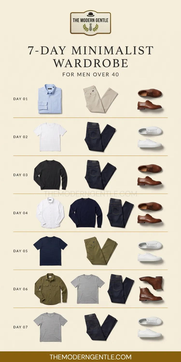 7‑Day Minimalist Wardrobe for Men Over 40 (No Fashion Stress) 2 A cream toned flat lay pin titled 7 Day Minimalist Wardrobe for Men Over 40 from The Modern Gentle, showing seven labeled rows, Day 01 through Day 07. Each row lays a folded top, pants, and shoes side by side: light blue oxford with stone chinos, white tee with dark jeans and sneakers, a charcoal sweater, an olive overshirt with boots, and a heather grey tee with sneakers, showing a mens capsule wardrobe and classic mens style essentials.