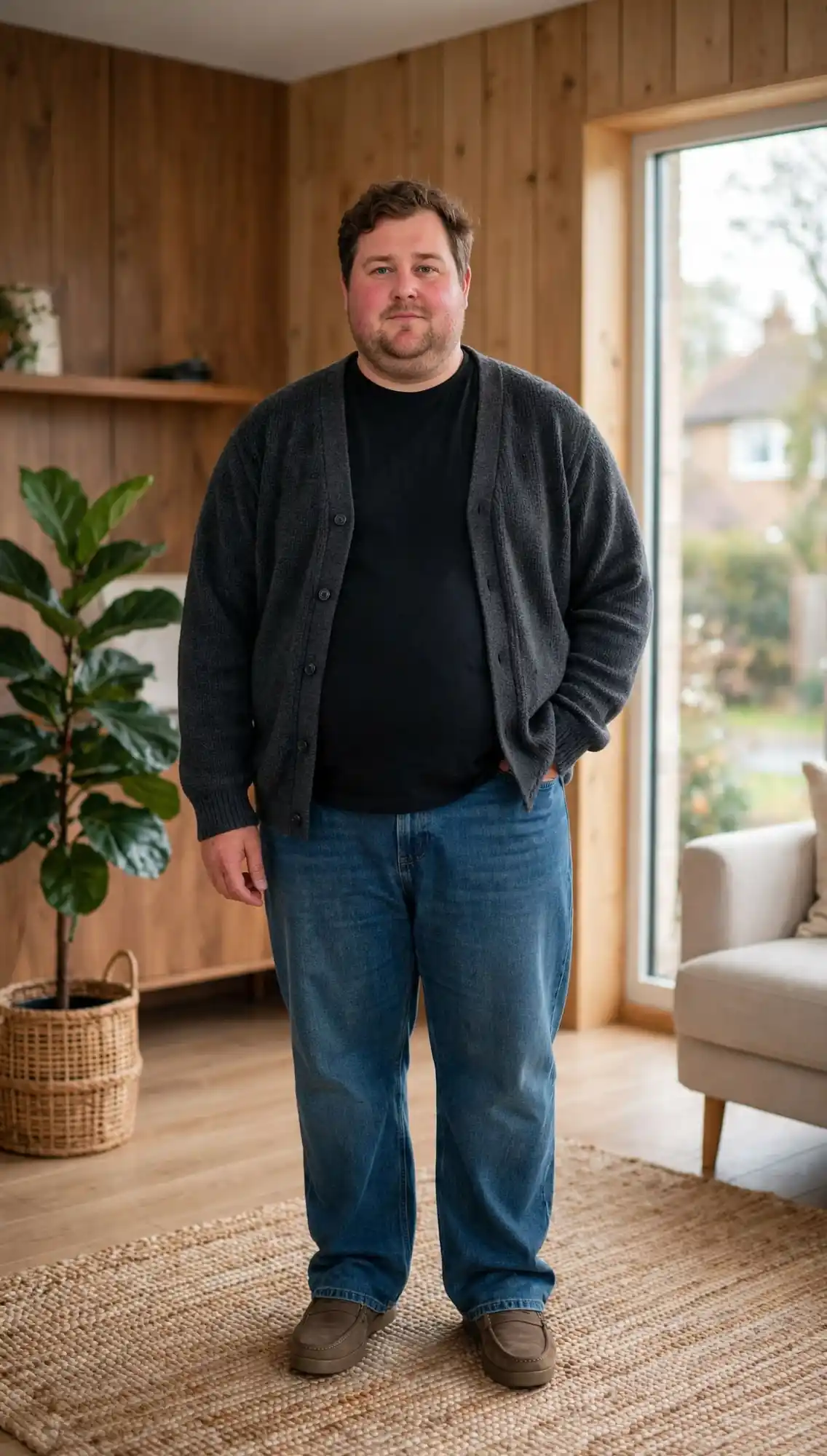 15. Charcoal Cardigan Over Black Tee and Jeans