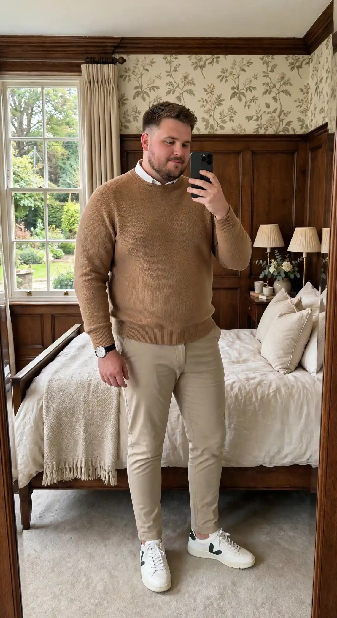 18. Camel Crewneck with Layered Collared Shirt