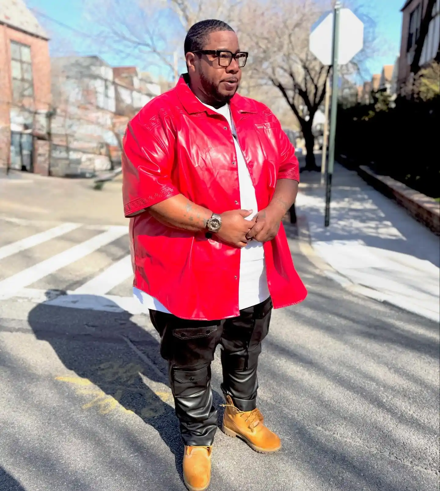 12. Red Leather Shirt With Cargo Pants