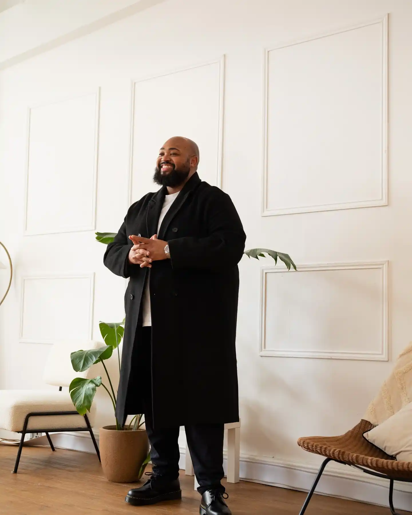 6. Long Black Overcoat With White Tee
