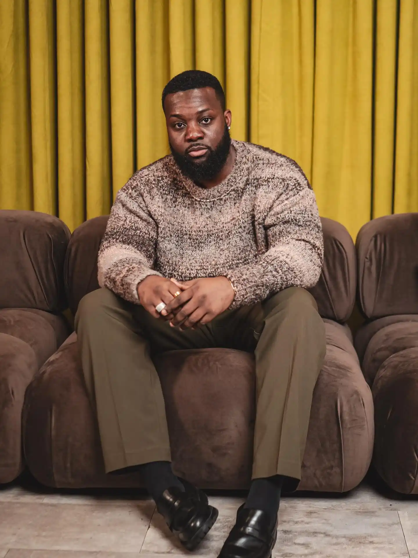 9. Marled Knit Sweater With Olive Trousers