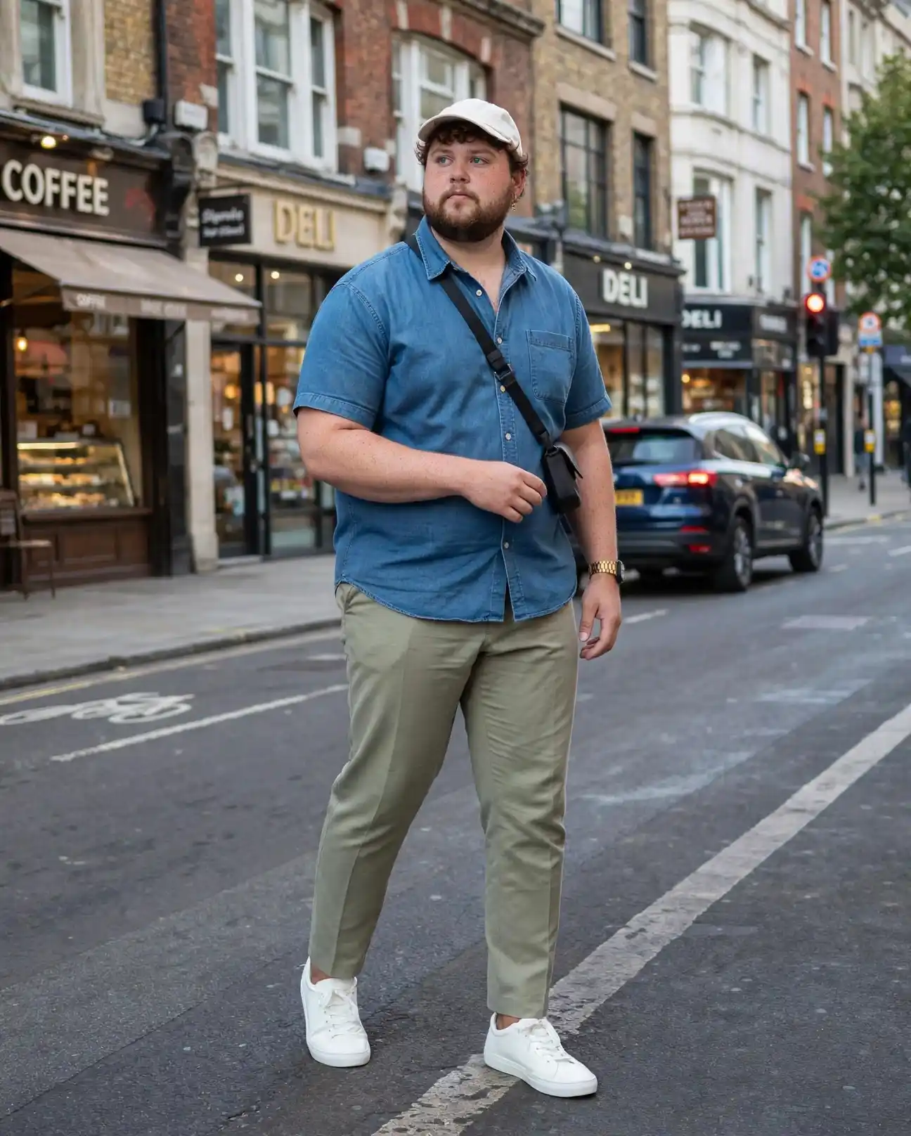 24 Travel Outfit Ideas for Plus Size Men Worth Saving Right Now 18 4. Denim Shirt and Chino Trousers