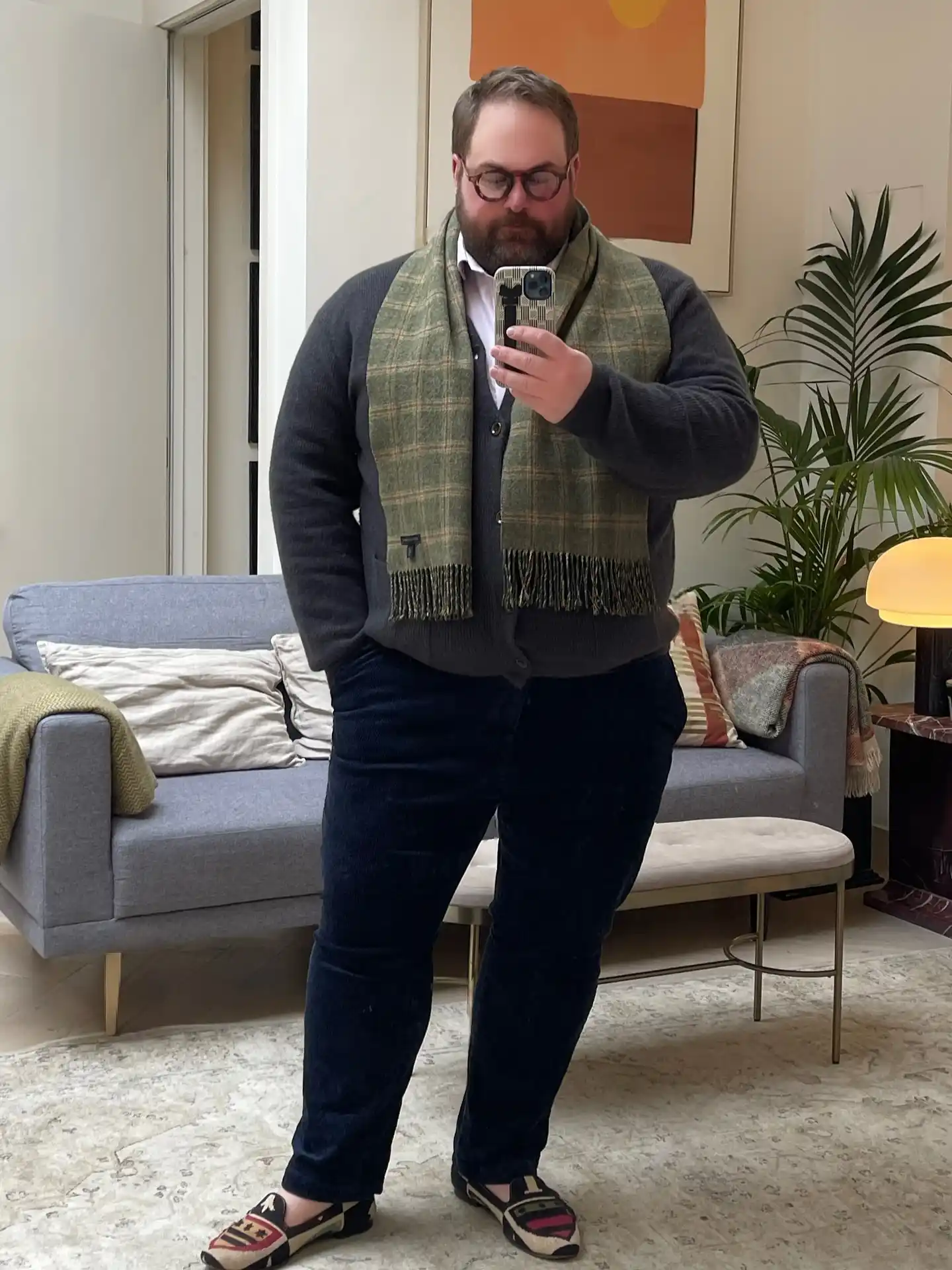 8. Cardigan, Scarf, and Dress Shirt Combo