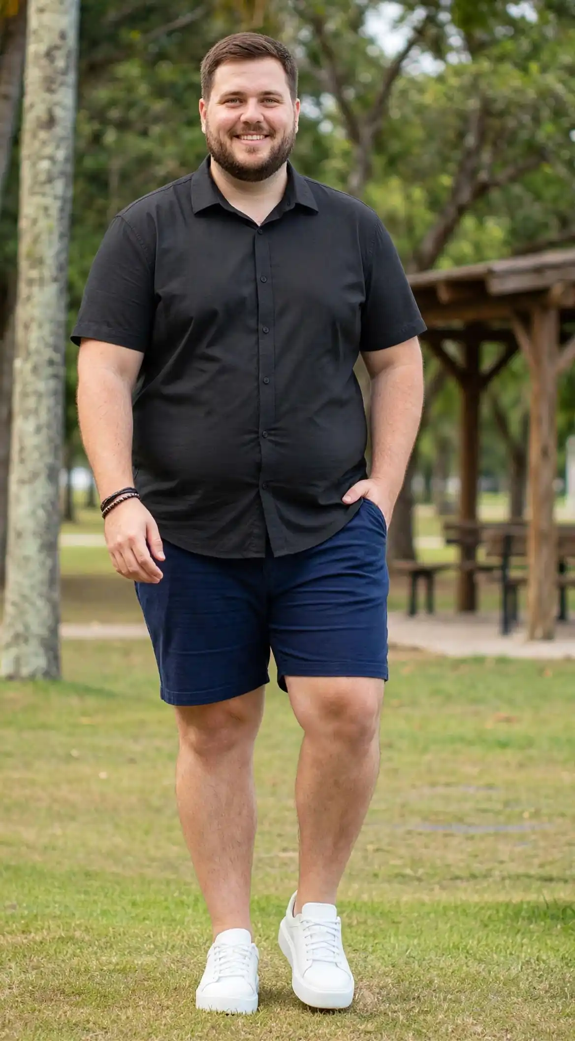 11. Black Button Down with Navy Shorts