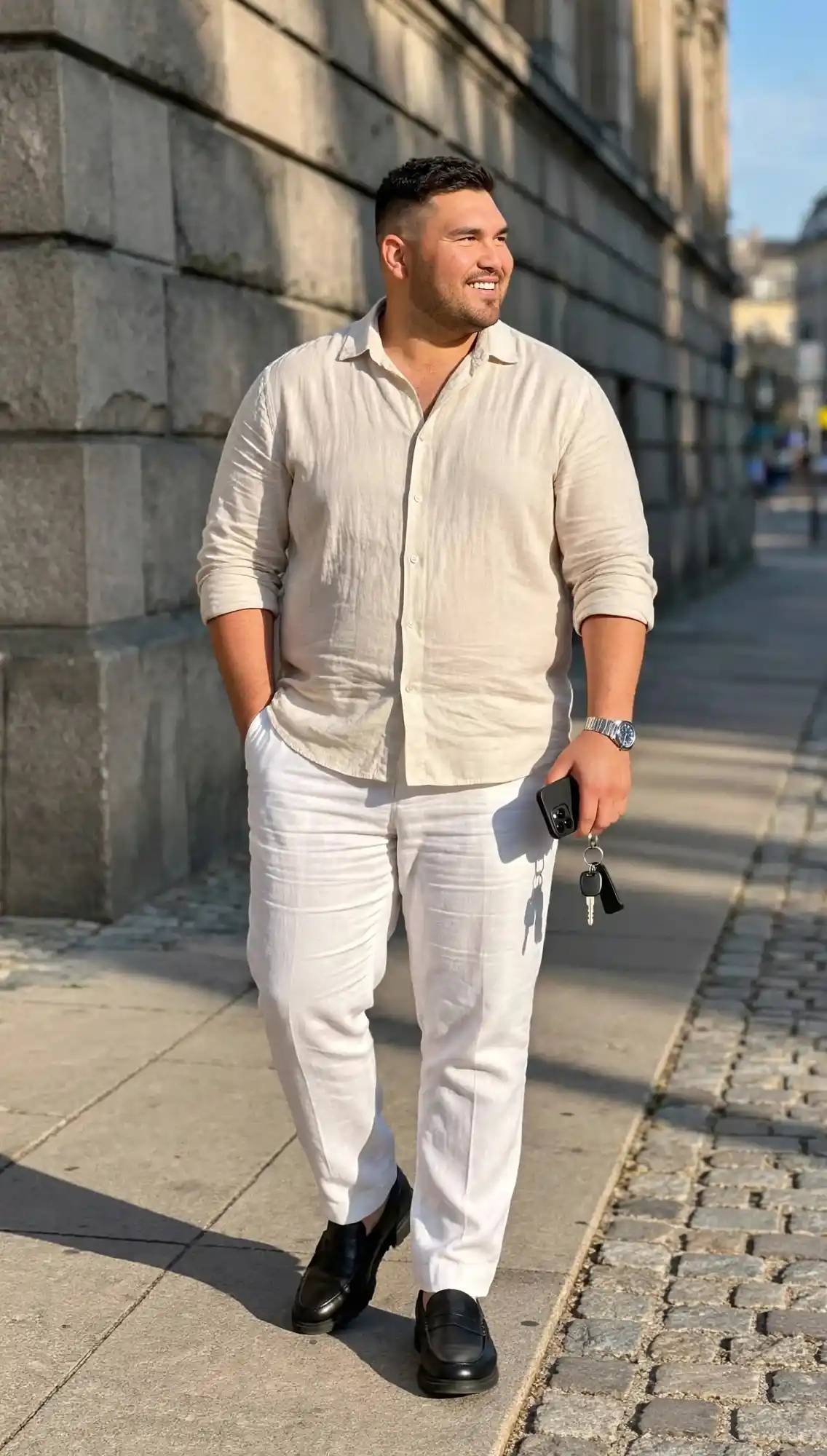 14 Streetwear Outfits for Plus Size Men Real Men Swear By 16 14. Cream Linen Shirt With White Trousers