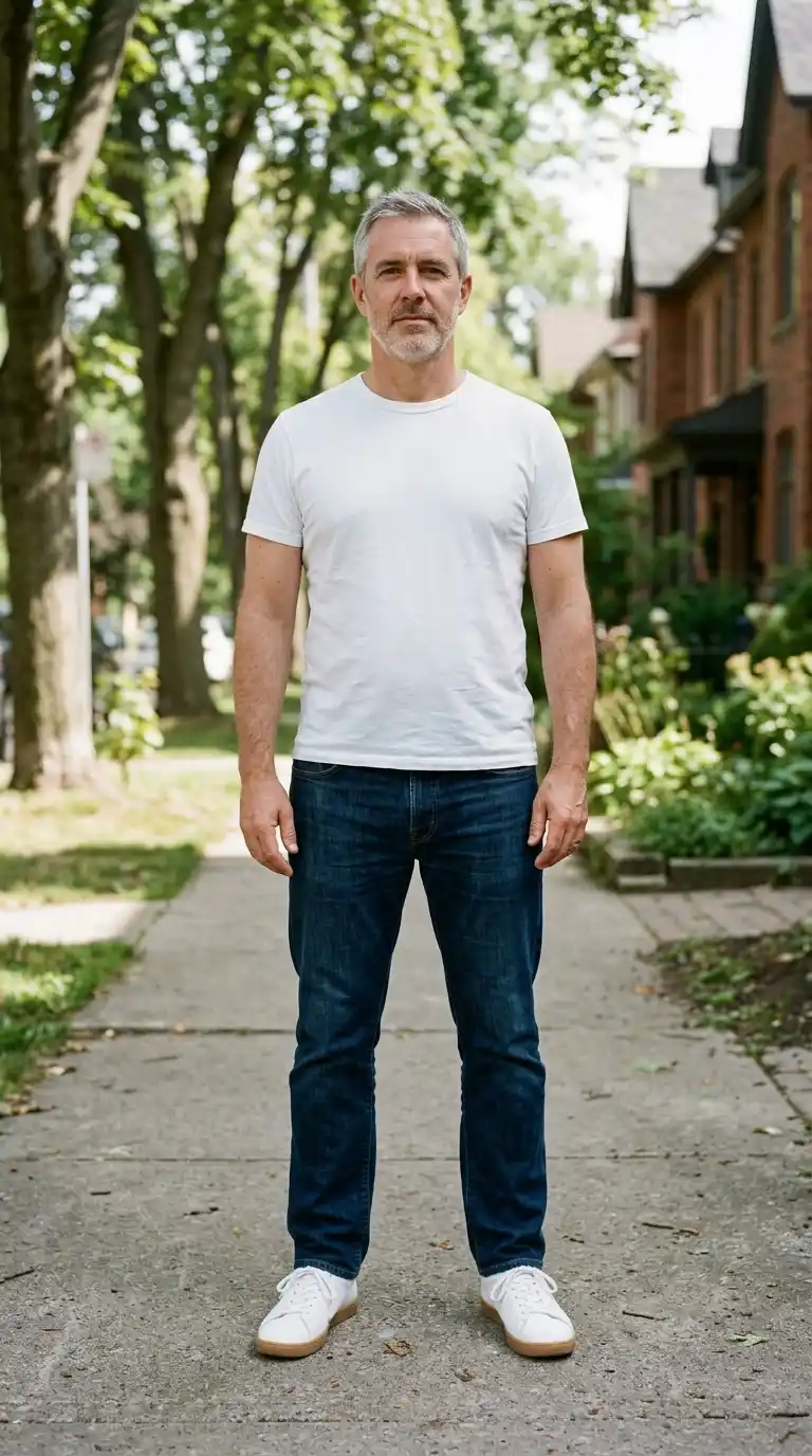 7‑Day Minimalist Wardrobe for Men Over 40 (No Fashion Stress) 6 Day 2 jeans and a t-shirt, done properly