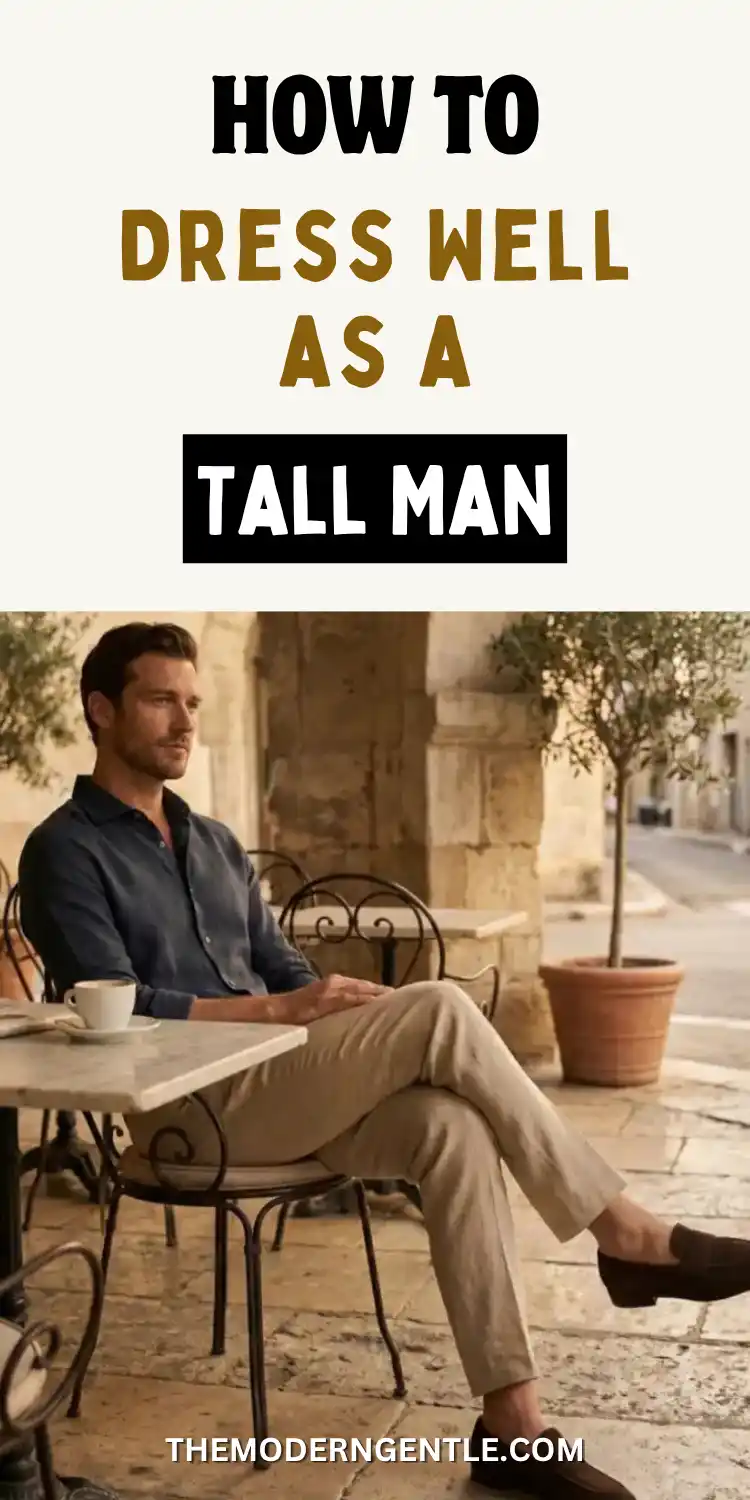 A bearded man relaxes at an outdoor stone cafe table under an archway, one leg crossed, wearing a dark navy rolled sleeve linen shirt tucked into tan trousers outfit men style with a mid rise waist, finished with dark suede loafers and a coffee cup beside him. The scene has a warm, sunlit European courtyard mood, illustrating an easy mens smart casual cafe outfit men can recreate.