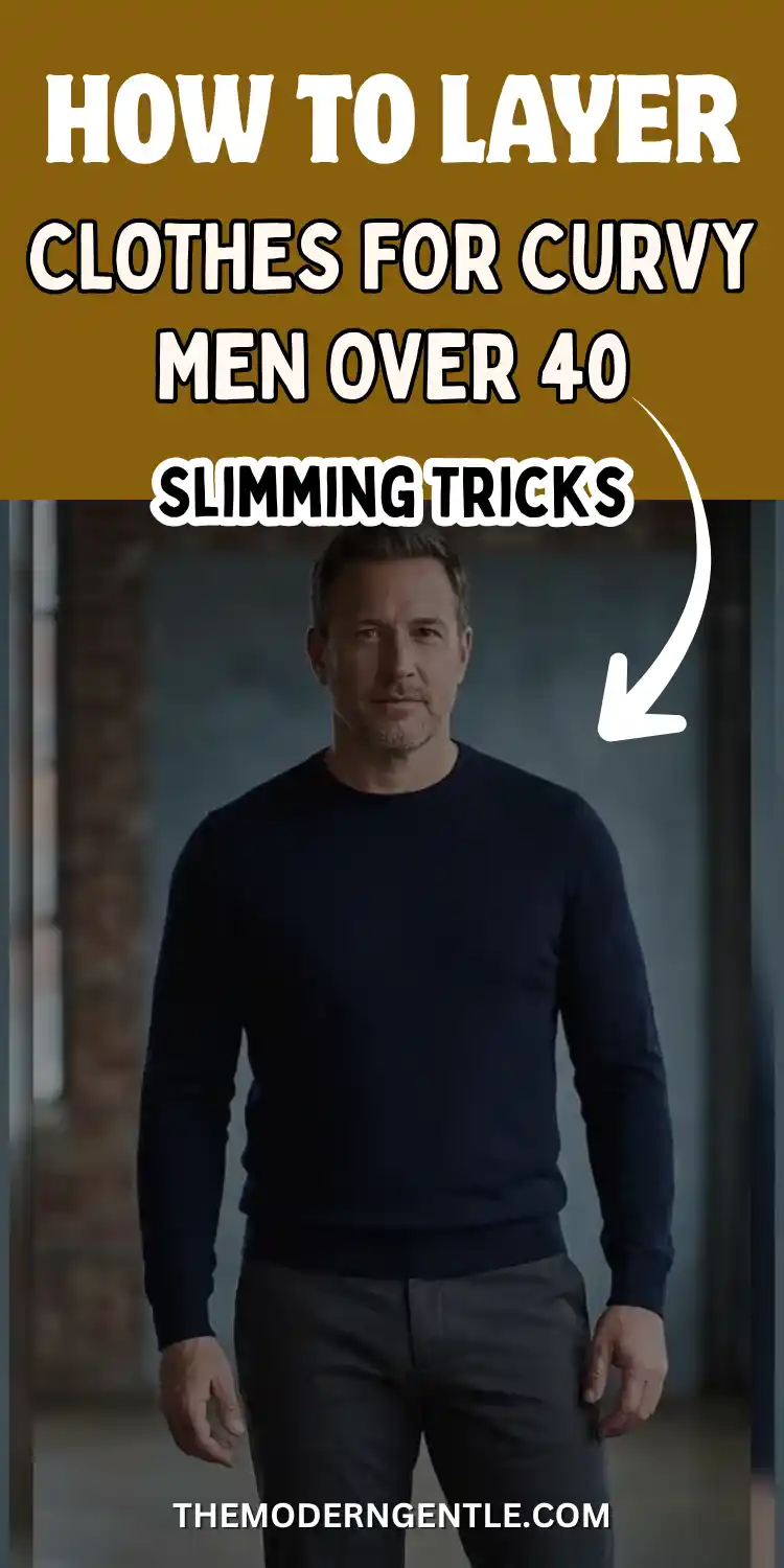 A man with gray stubble stands in a dim industrial loft with exposed brick and dark blue walls, wearing a fitted navy crew neck sweater with charcoal trousers, an example of smart menswear layering for curvy men over 40. Bold white text on a mustard background reads how to layer clothes for curvy men over 40 with slimming tricks, pointing toward a mens style over 40 outfit idea for a leaner silhouette and easy dad style outfit inspiration.