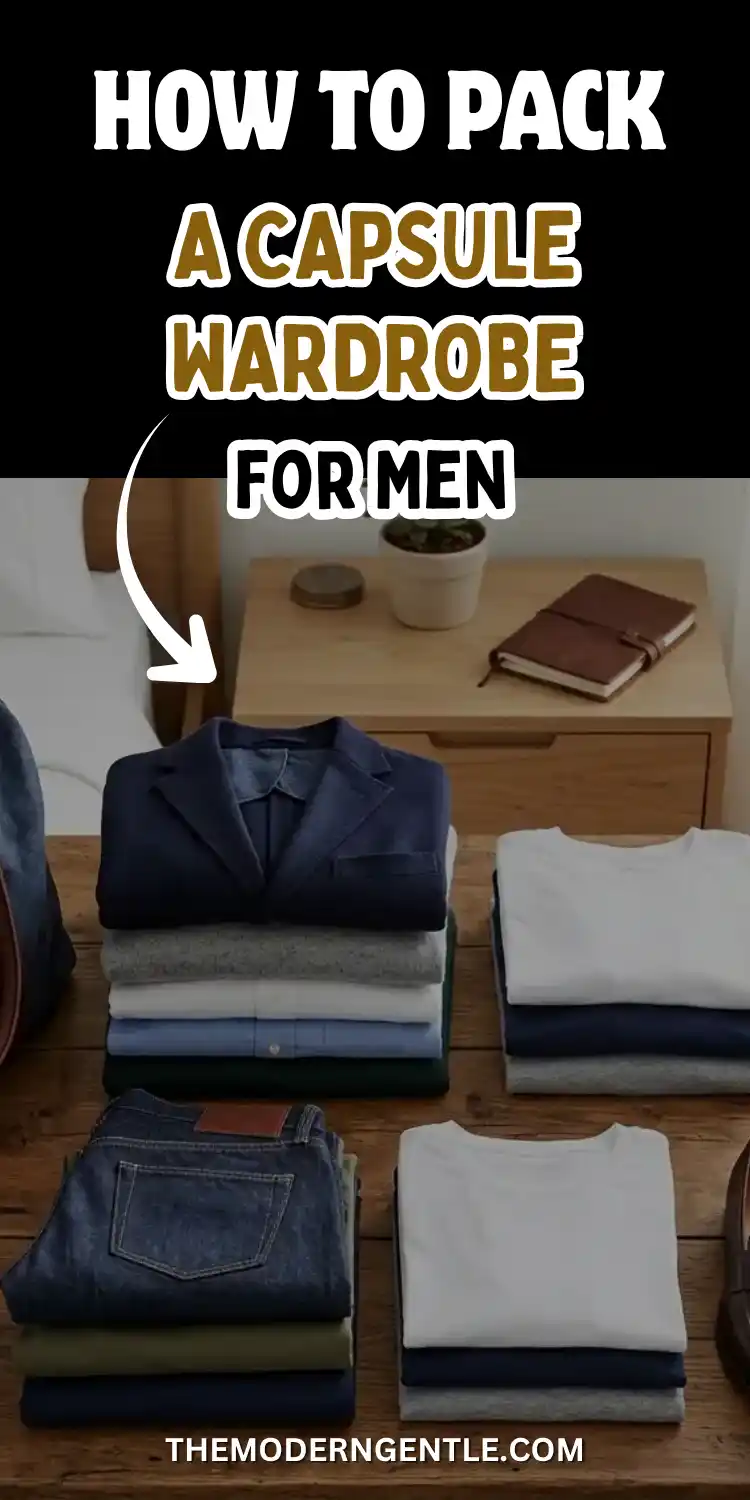 Folded stacks of clothing sit on a wooden surface in a bright bedroom, demonstrating how to build a high-performance capsule wardrobe. A dark unstructured navy blazer rests on neat shirts, alongside piles of dark selvedge denim and crisp white heavyweight cotton t-shirts. A nightstand holding a plant and leather journal occupies the background. A white arrow points to the garments under bold text reading how to pack a capsule wardrobe for men.