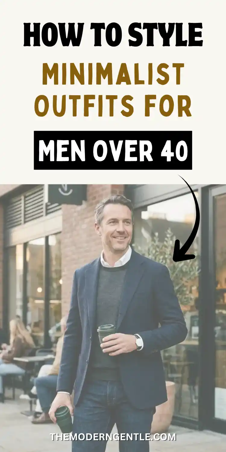How to Style Minimalist Outfits for Men Over 40 4 A confident man walks past a brick cafe wearing classic over 40 menswear. He holds two green coffee cups. His layered outfit features a navy blazer, a grey crewneck sweater, a white collared shirt, and clean dark jeans. This visual example of effortless fashion for older guys perfectly captures a smart casual men aesthetic. The bold text overlay reads How to Style Minimalist Outfits for Men Over 40, pointing to a high-performance men's capsule wardrobe.