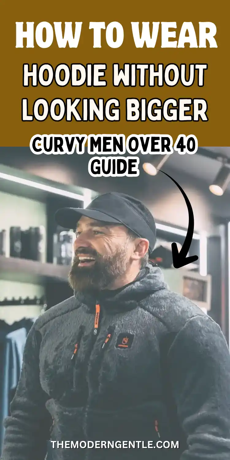 A bearded man in a mens casual style dark grey textured fleece hoodie and black cap smiles inside a warmly lit retail space with shelving in the background. Bold text overlay reads "How to Wear Hoodie Without Looking Bigger, Curvy Men Over 40 Guide," pointing an arrow toward him to illustrate mens layering and mens fit guide tricks for a broader frame.