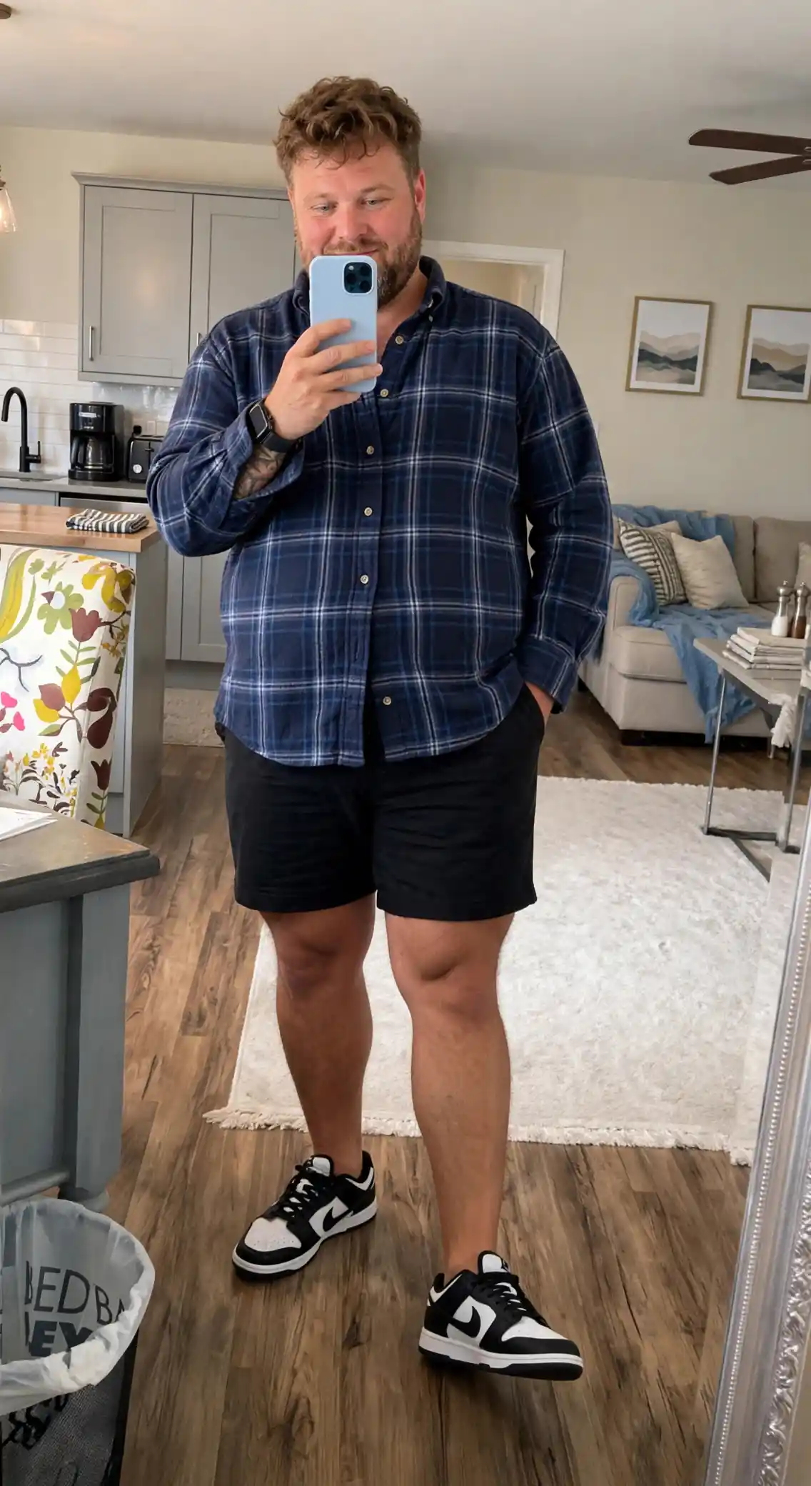4. Navy Flannel Shirt and Black Shorts