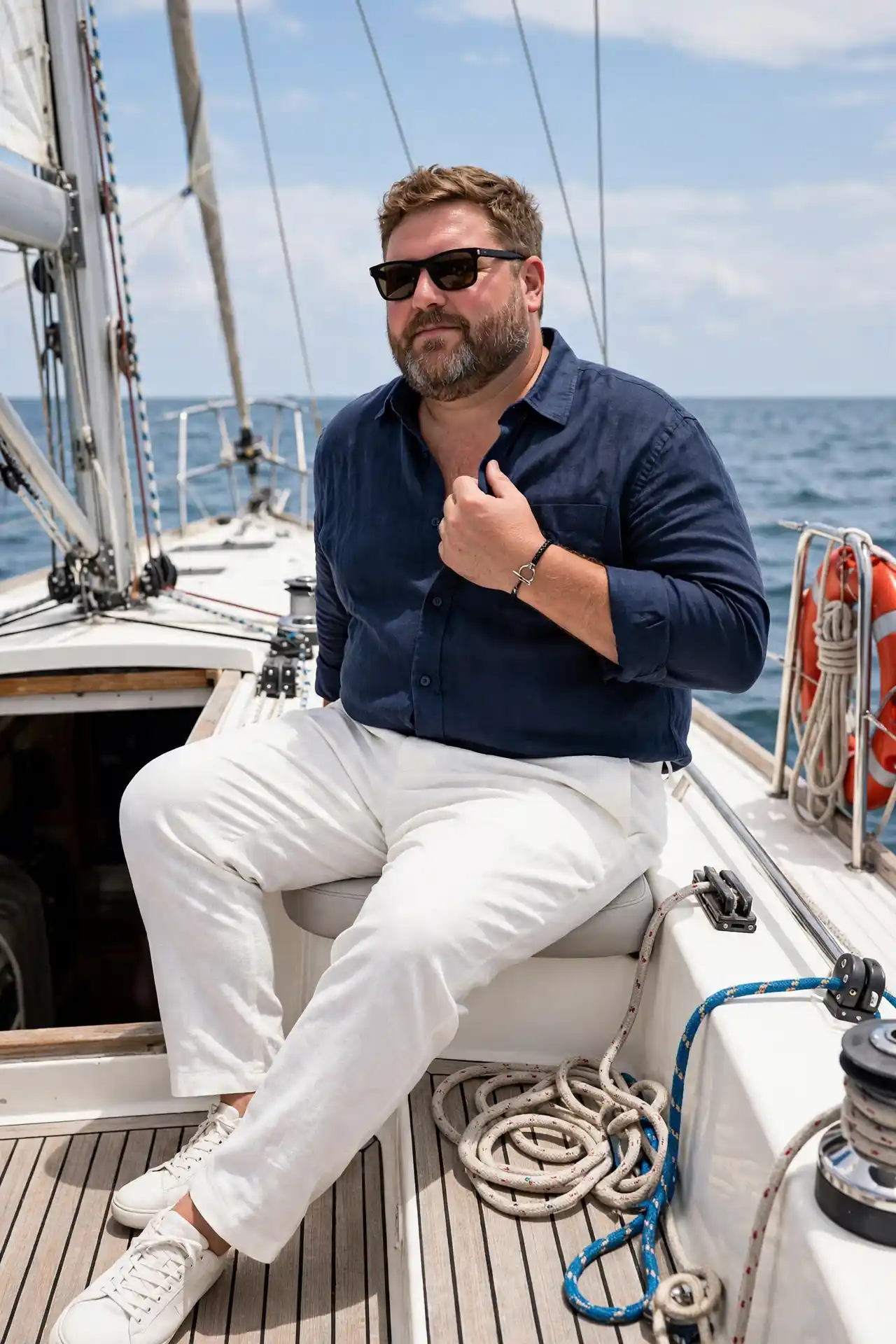 17 Best Accessories for Plus Size Men You Need to Try 13 12. Leather Bracelets And Glasses A black leather bracelet wraps his wrist, fastened with a small silver hook clasp. Tortoiseshell sunglasses sit on his face, adding contrast against a navy linen shirt. Together they bring texture to a relaxed sailing outfit. Small details like these carry big style weight. A leather bracelet adds grit without trying too hard, while structured sunglasses balance a fuller beard nicely. Both pieces work well on a boat or a city street alike.