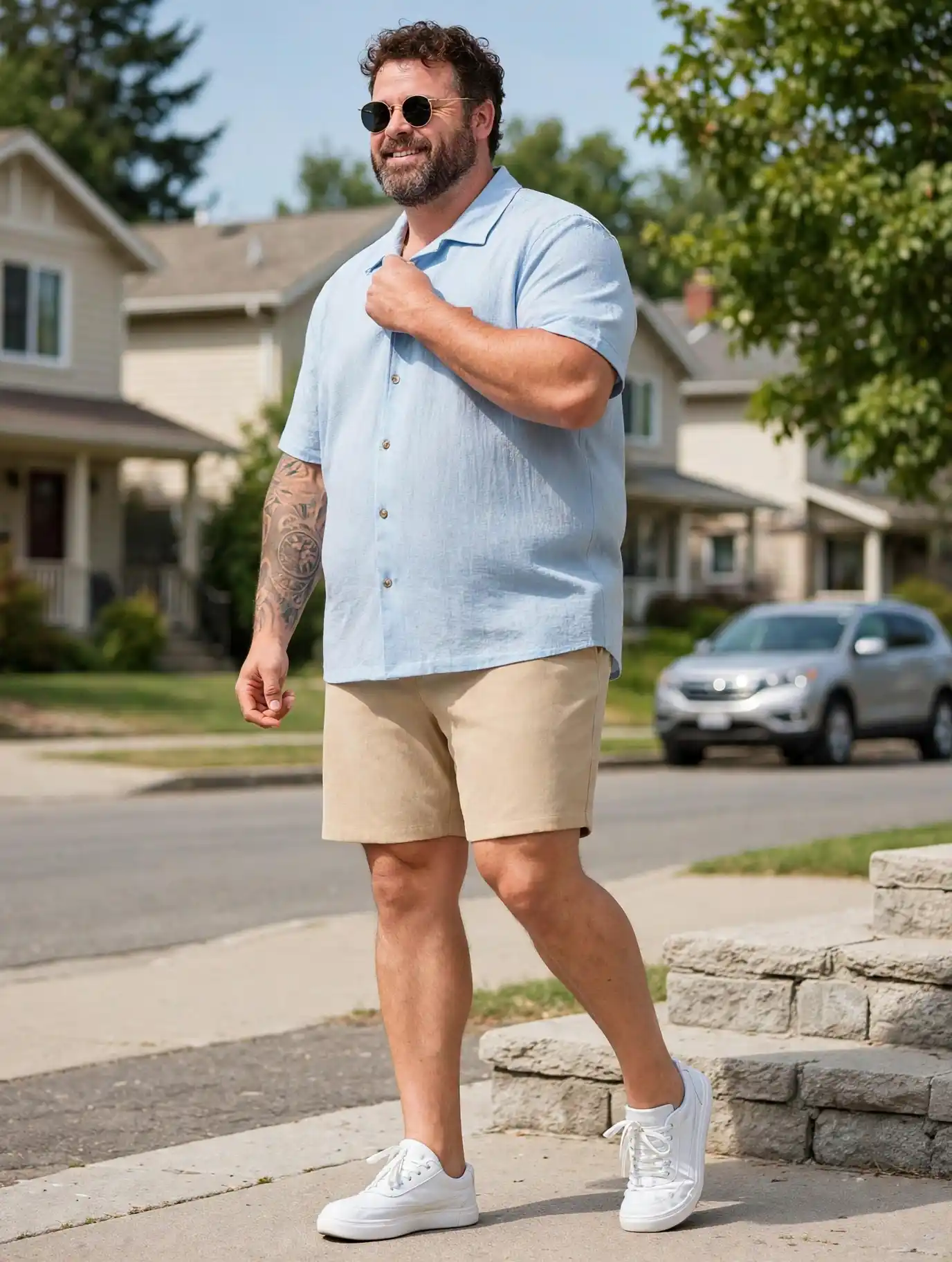 10. Light Blue Shirt with Khaki Shorts