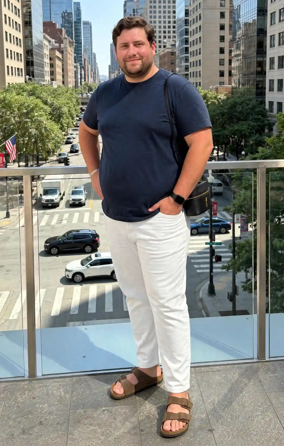 20 Vacation Outfits for Plus Size Men No One Tells You About 22 10. Navy Tee with White Trousers