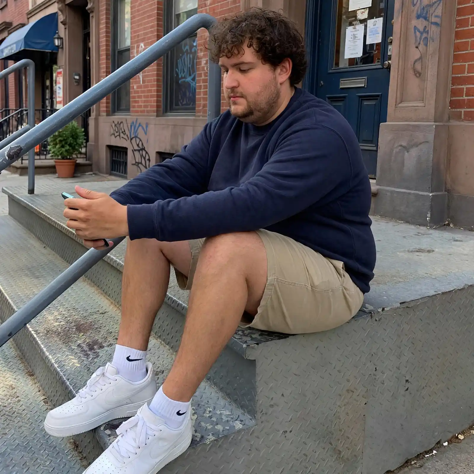 13. Navy Sweatshirt and Tan Shorts