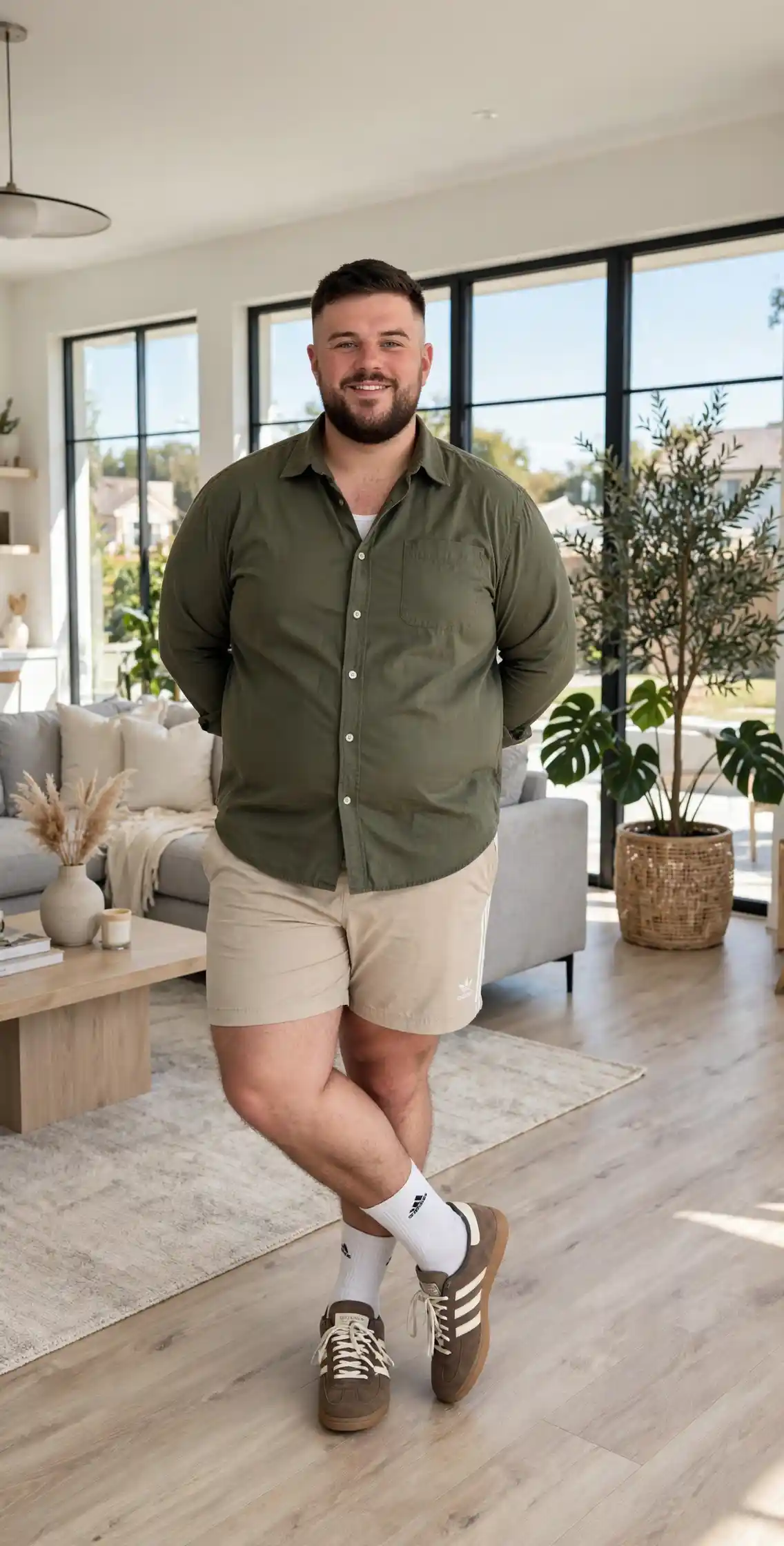 5. Olive Button Down and Beige Shorts