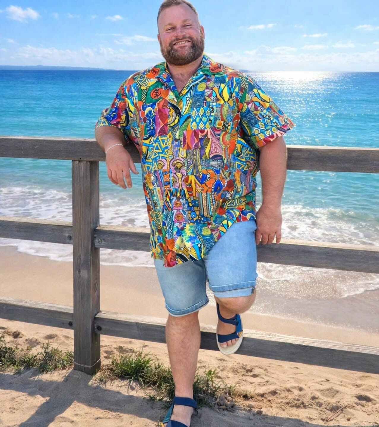 7. Bold Print Shirt with Rolled Denim Shorts