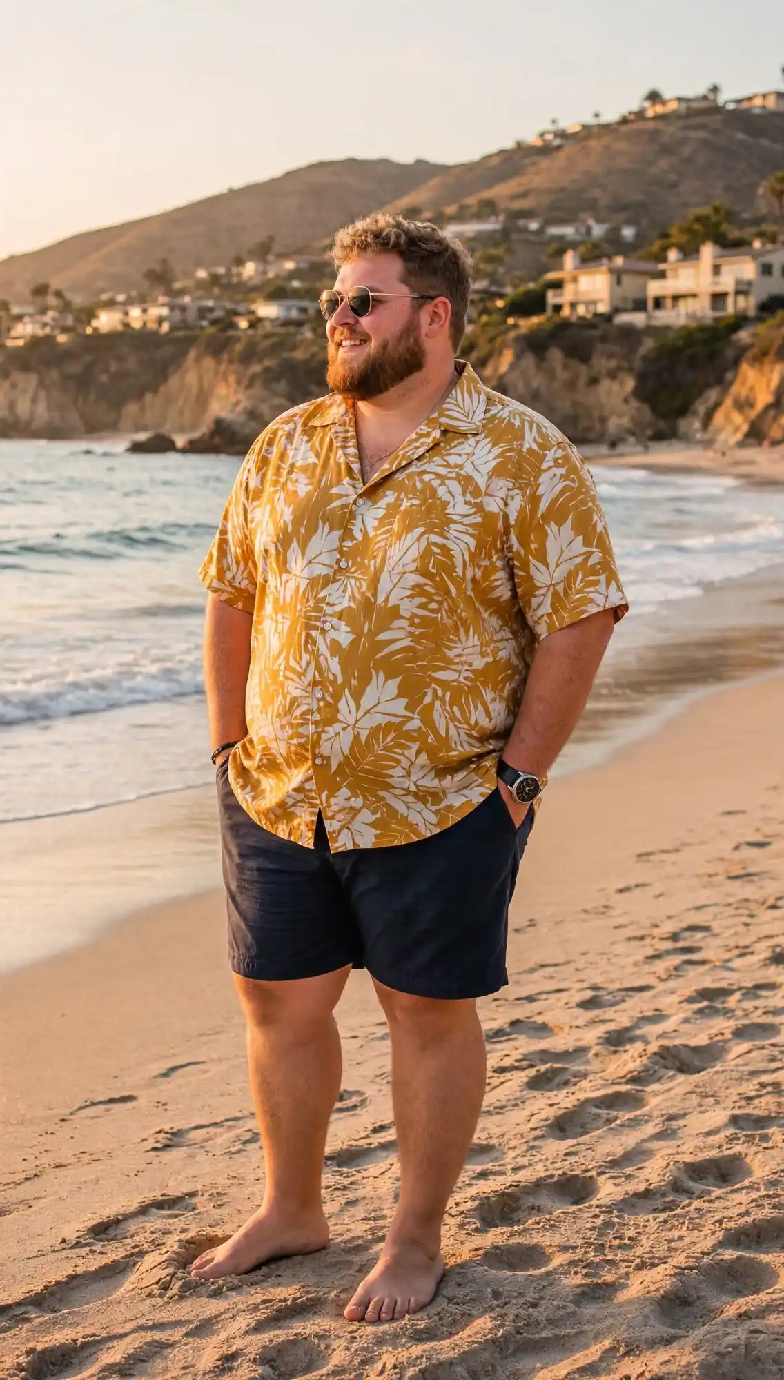 8. Mustard Leaf Print Shirt with Navy Shorts