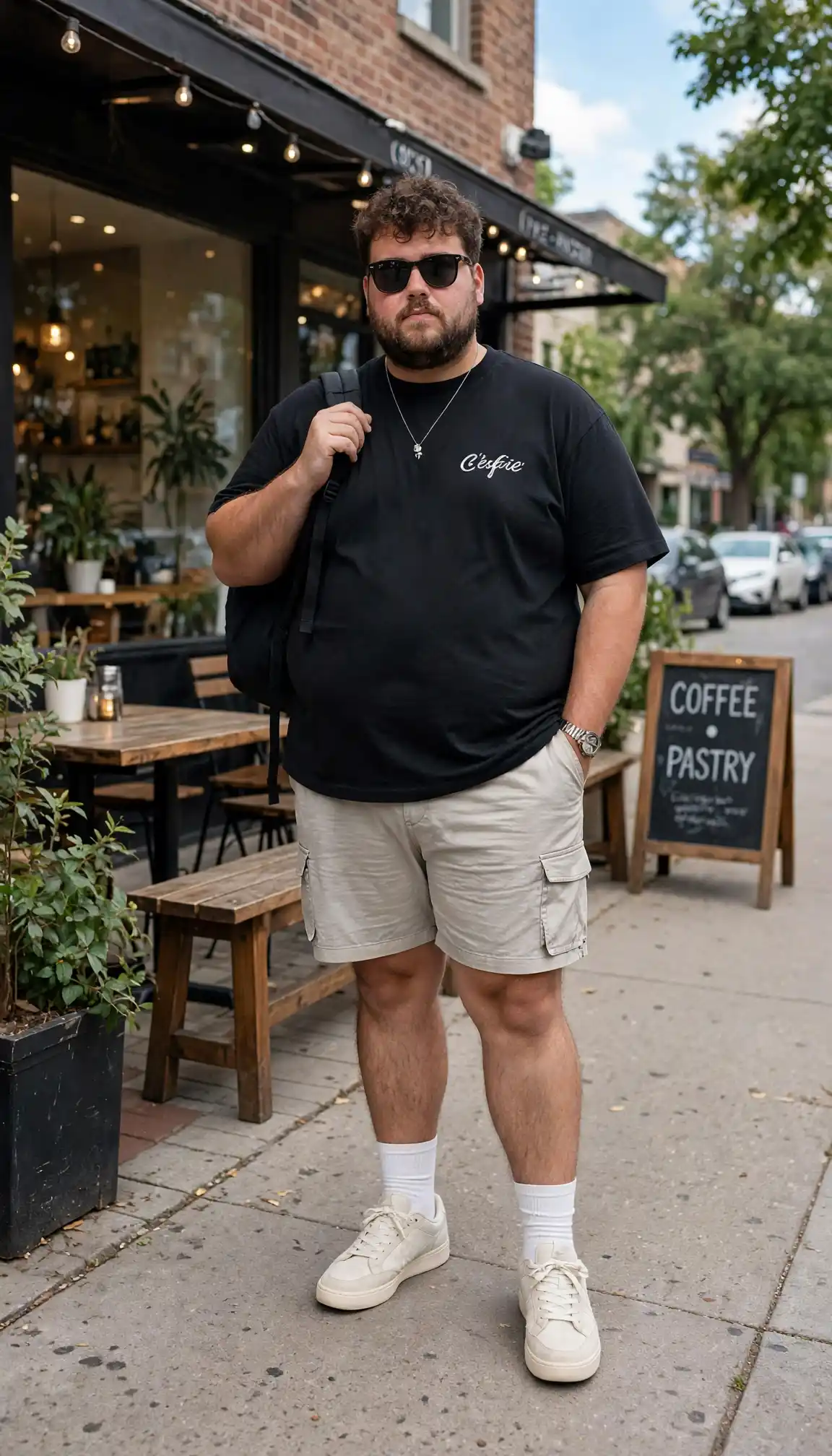 6. Black Graphic Tee and Cargo Shorts