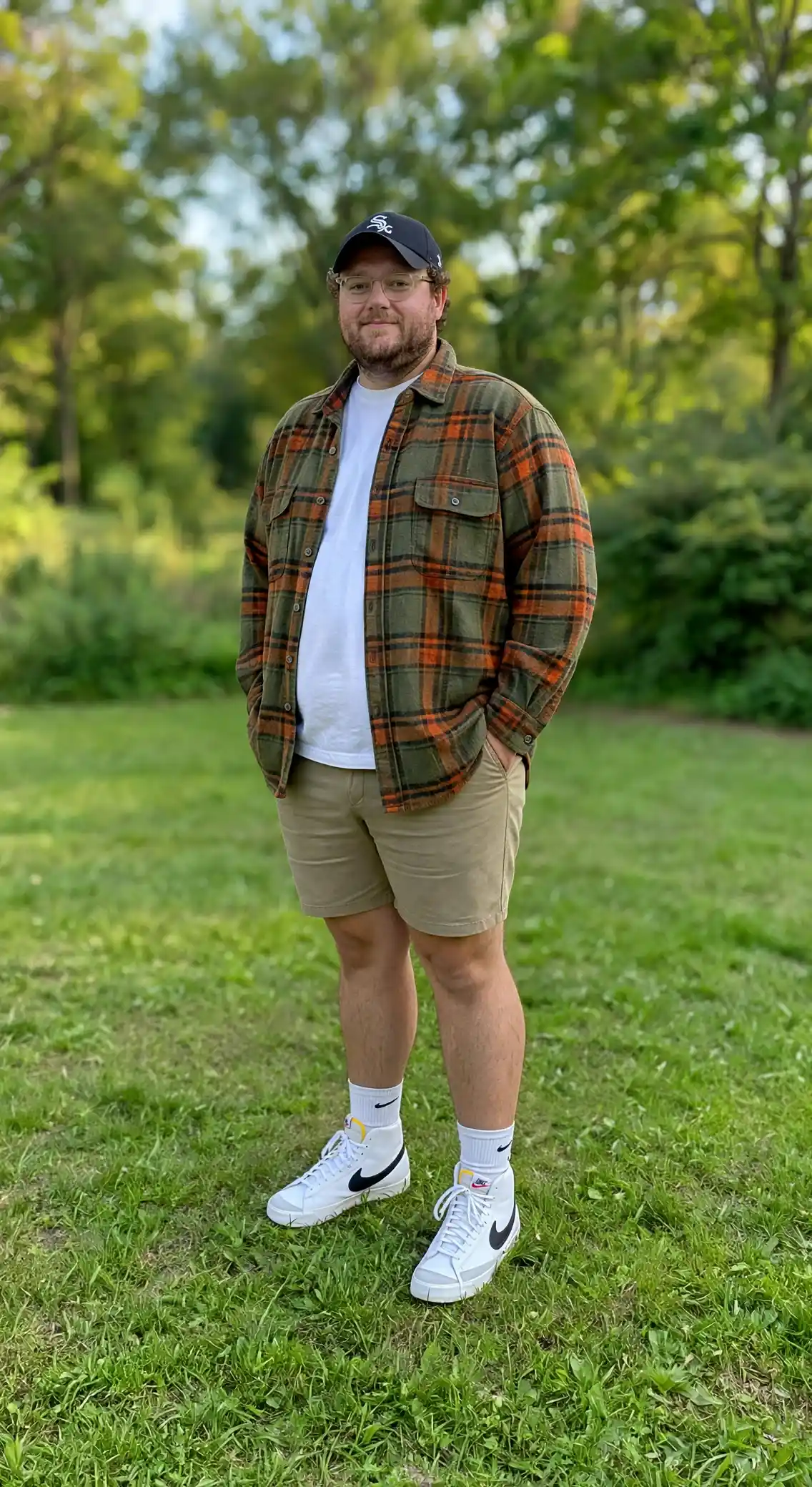 3. Plaid Overshirt and Khaki Shorts