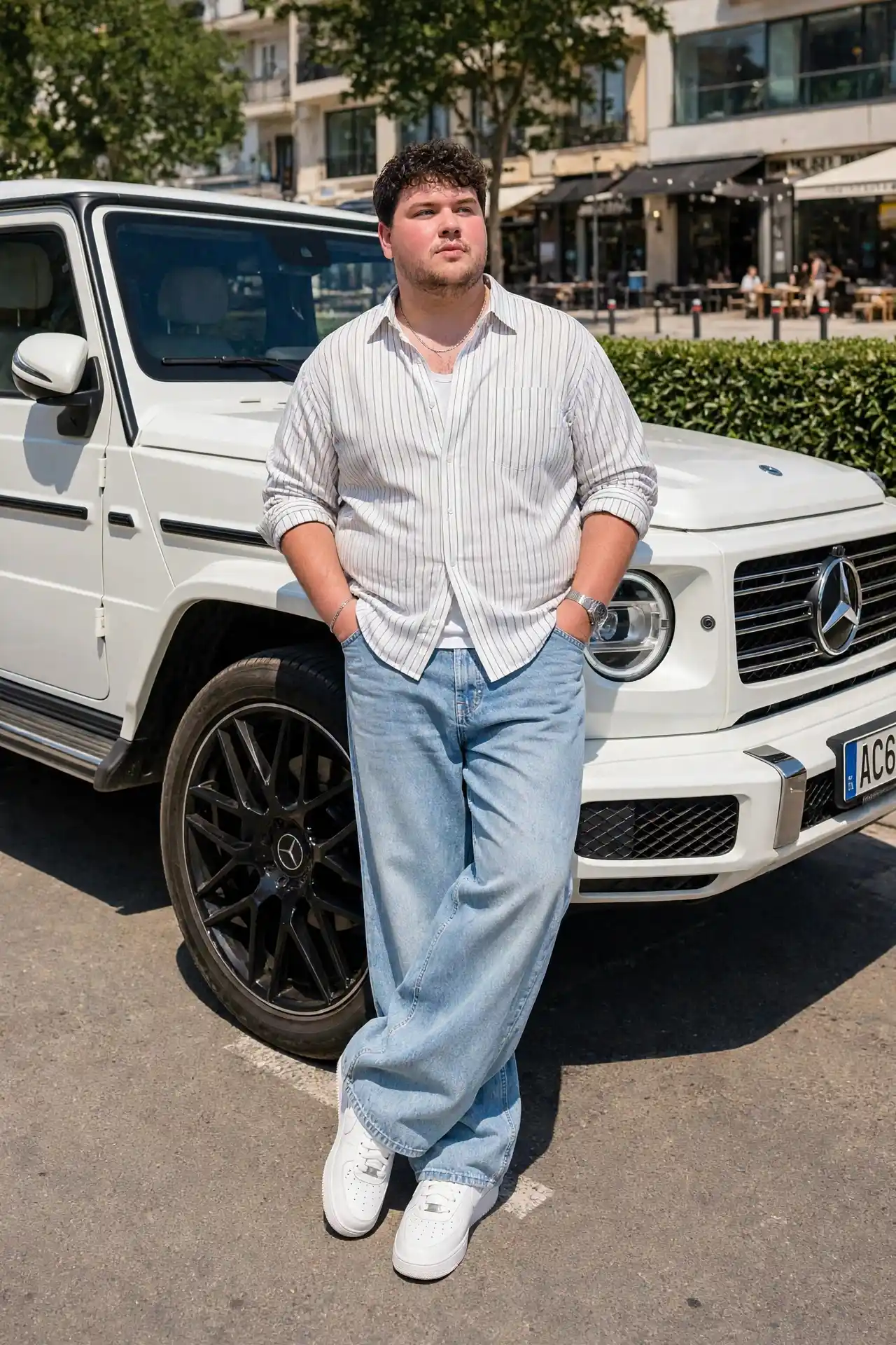 11 Spring Outfits for Plus Size Men Worth Saving Right Now 9 8. Striped Button Up with Wide Leg Jeans