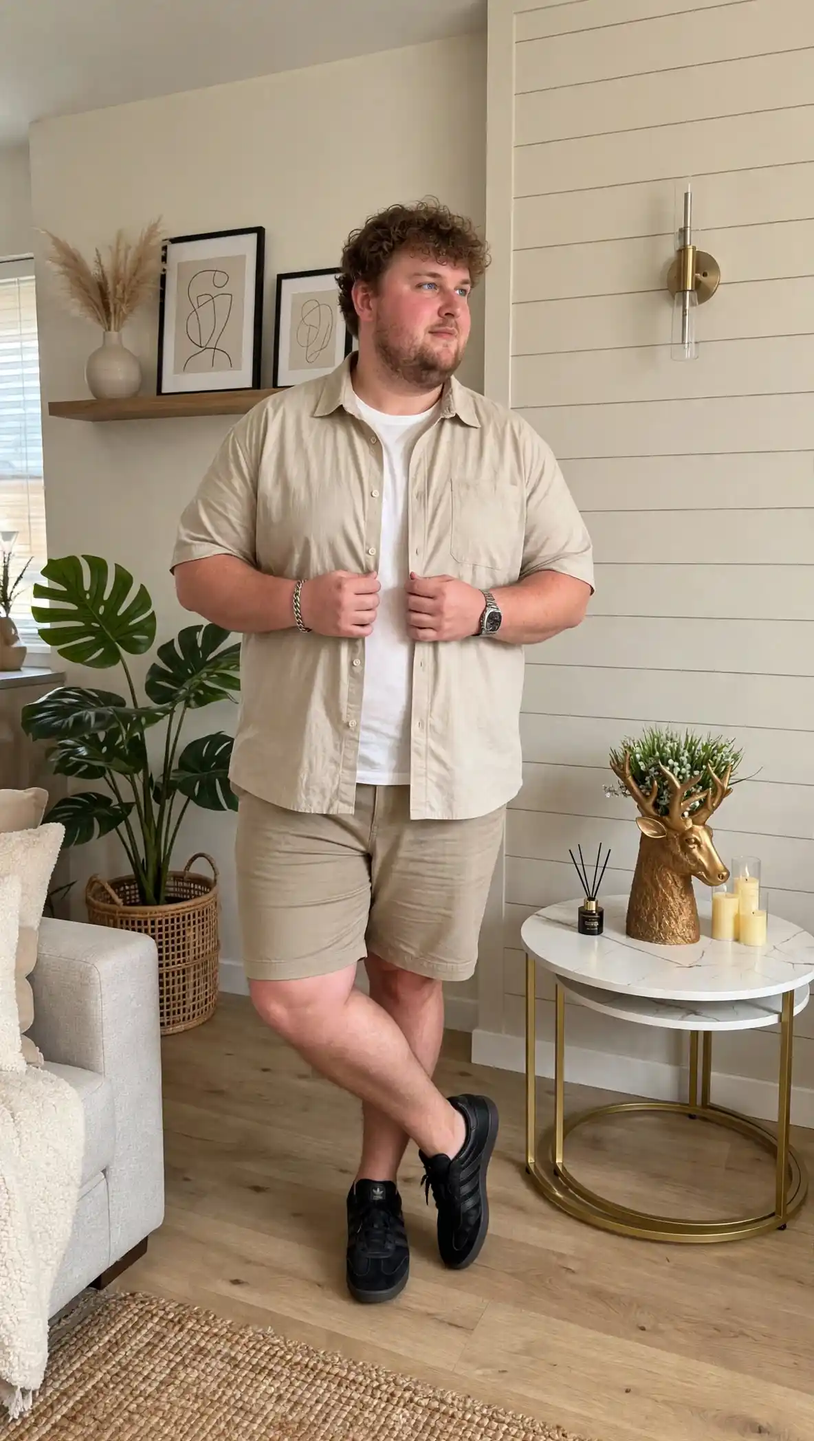 11 Spring Outfits for Plus Size Men Worth Saving Right Now 11 10. Tonal Beige Shirt with Matching Shorts