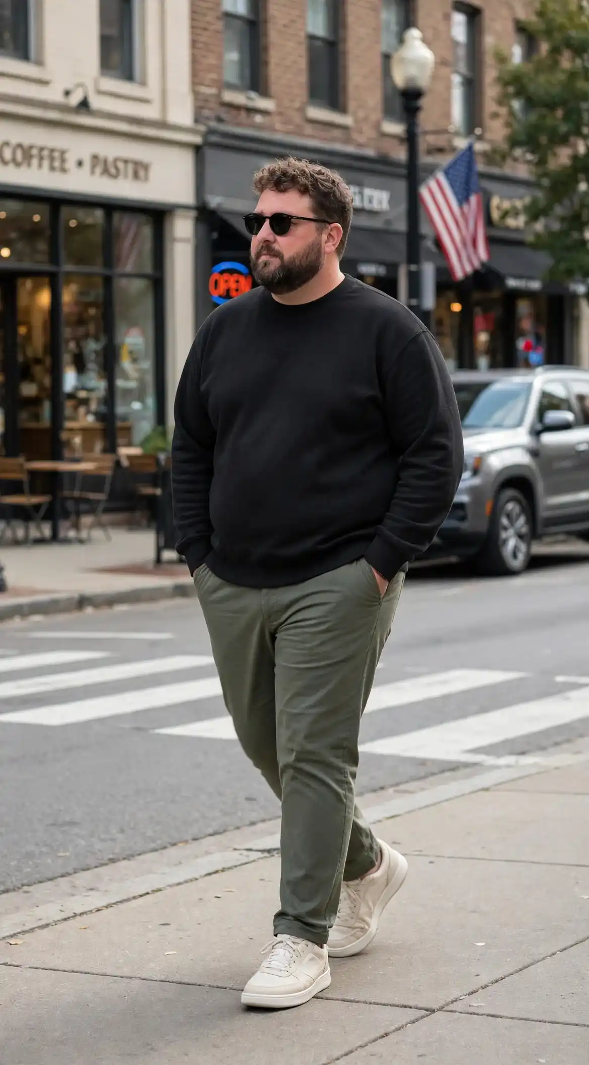 11 Spring Outfits for Plus Size Men Worth Saving Right Now 12 11. Black Crewneck with Olive Trousers