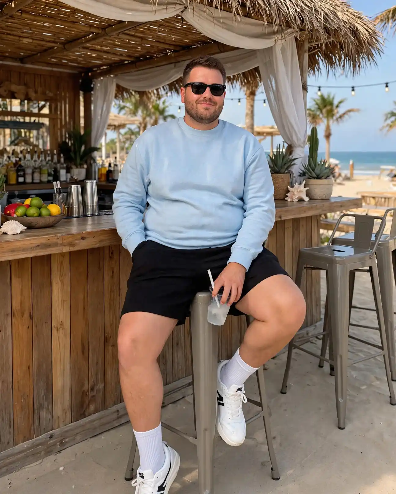 11 Spring Outfits for Plus Size Men Worth Saving Right Now 8 7. Light Blue Sweatshirt with Black Shorts