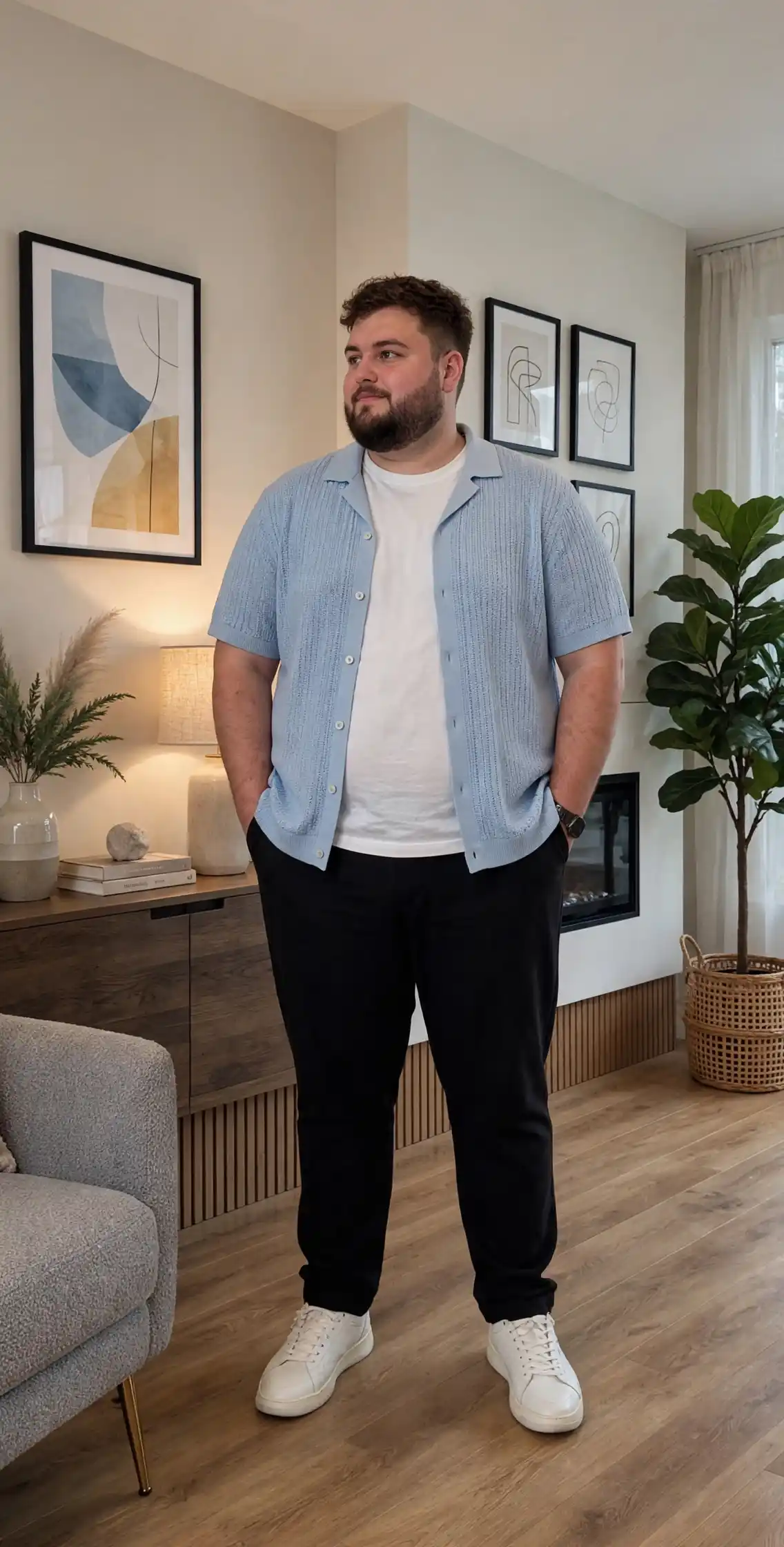 15. Light Blue Knit Shirt with Black Trousers