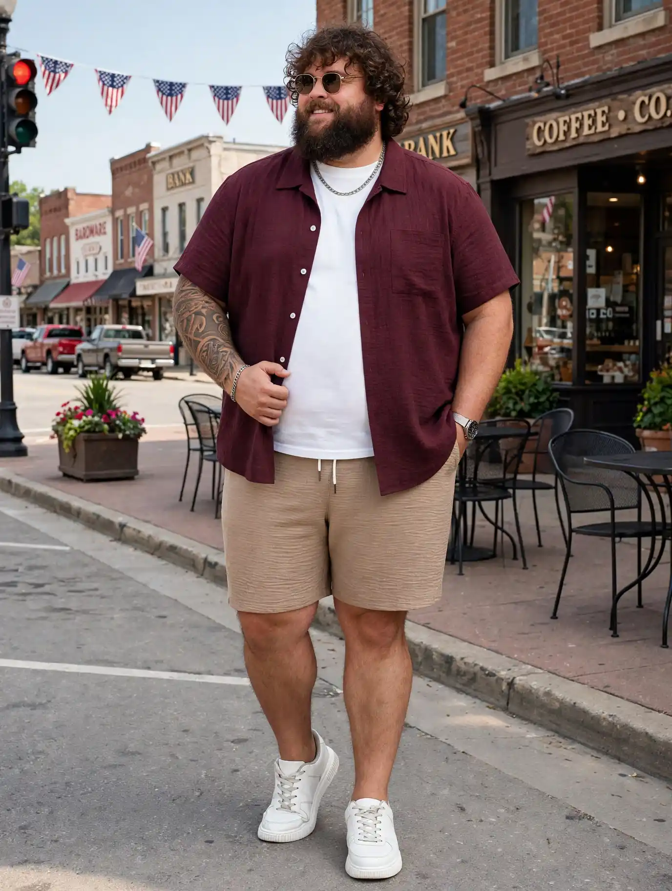 14. Burgundy Overshirt with White Tee and Shorts