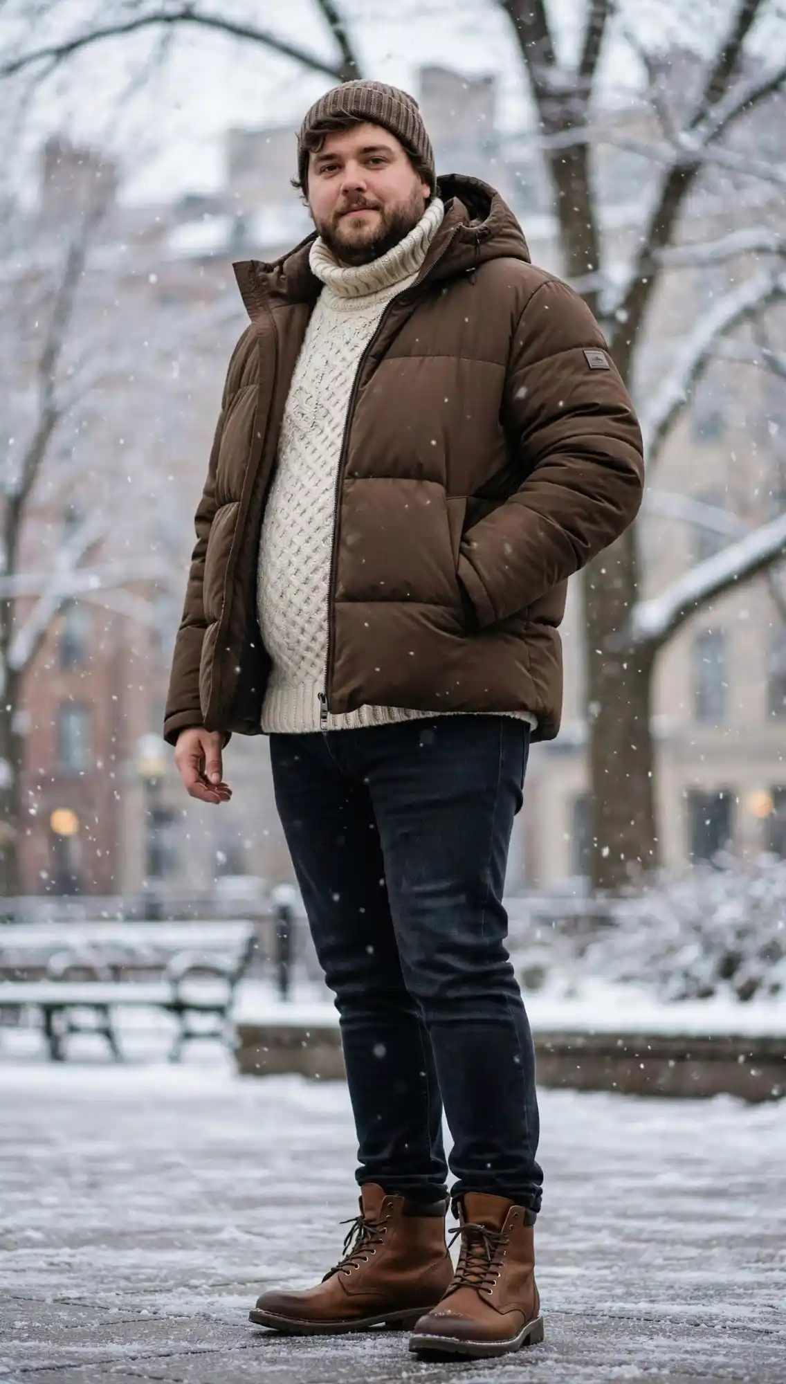 12. Cream Turtleneck Sweater With Brown Puffer Jacket