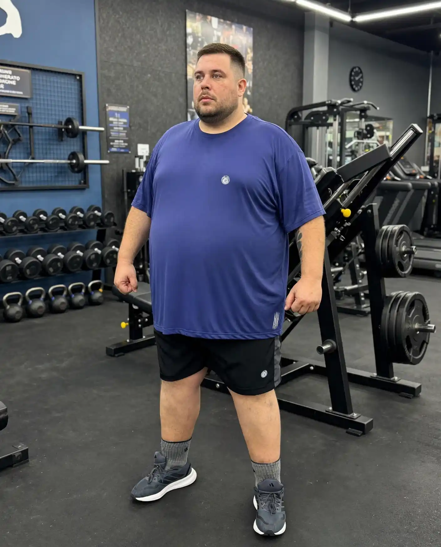 6. Purple Performance Tee with Black Athletic Shorts