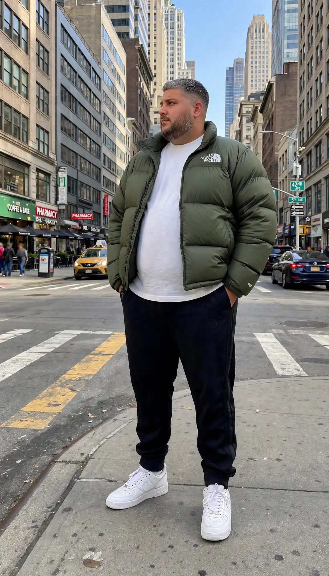 21 Winter Outfit Ideas for Plus Size Men That Actually Work 23 12. Olive Puffer Jacket with Black Joggers and White Sneakers