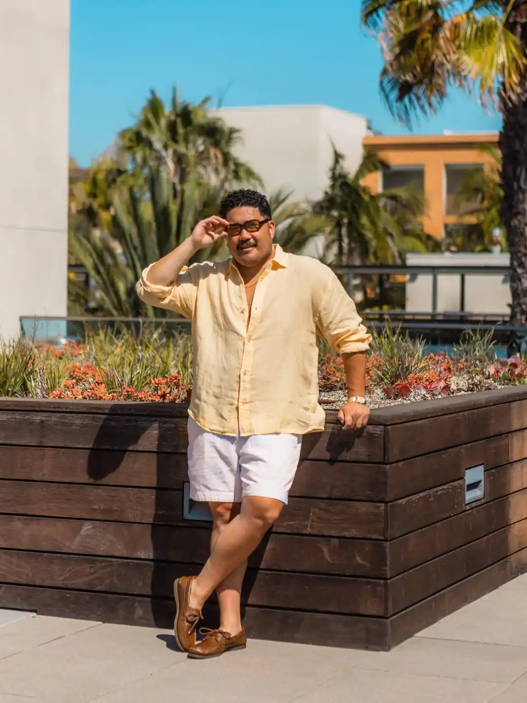 1. Pale Yellow Linen Shirt with White Shorts