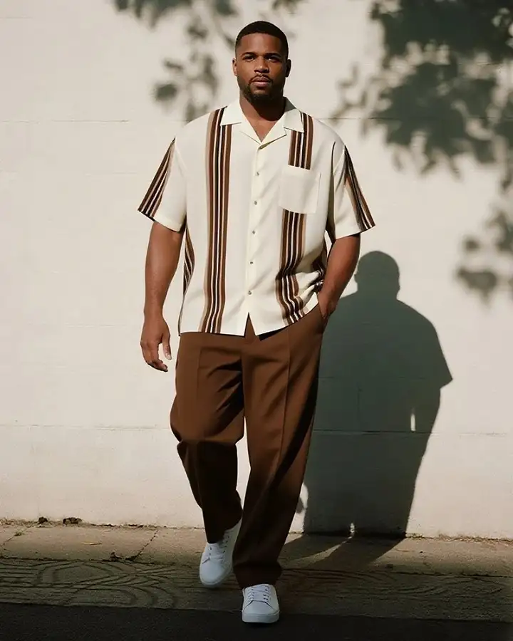 20 Big and Tall Outfit Ideas Nobody Tells You About 11 Retro Camp Collar Shirt Over Wide Leg Trousers
