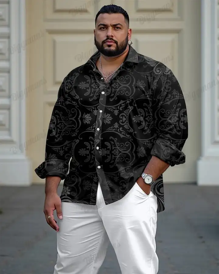 20 Big and Tall Outfit Ideas Nobody Tells You About 9 Dark Tonal Print Shirt With Clean White Trousers