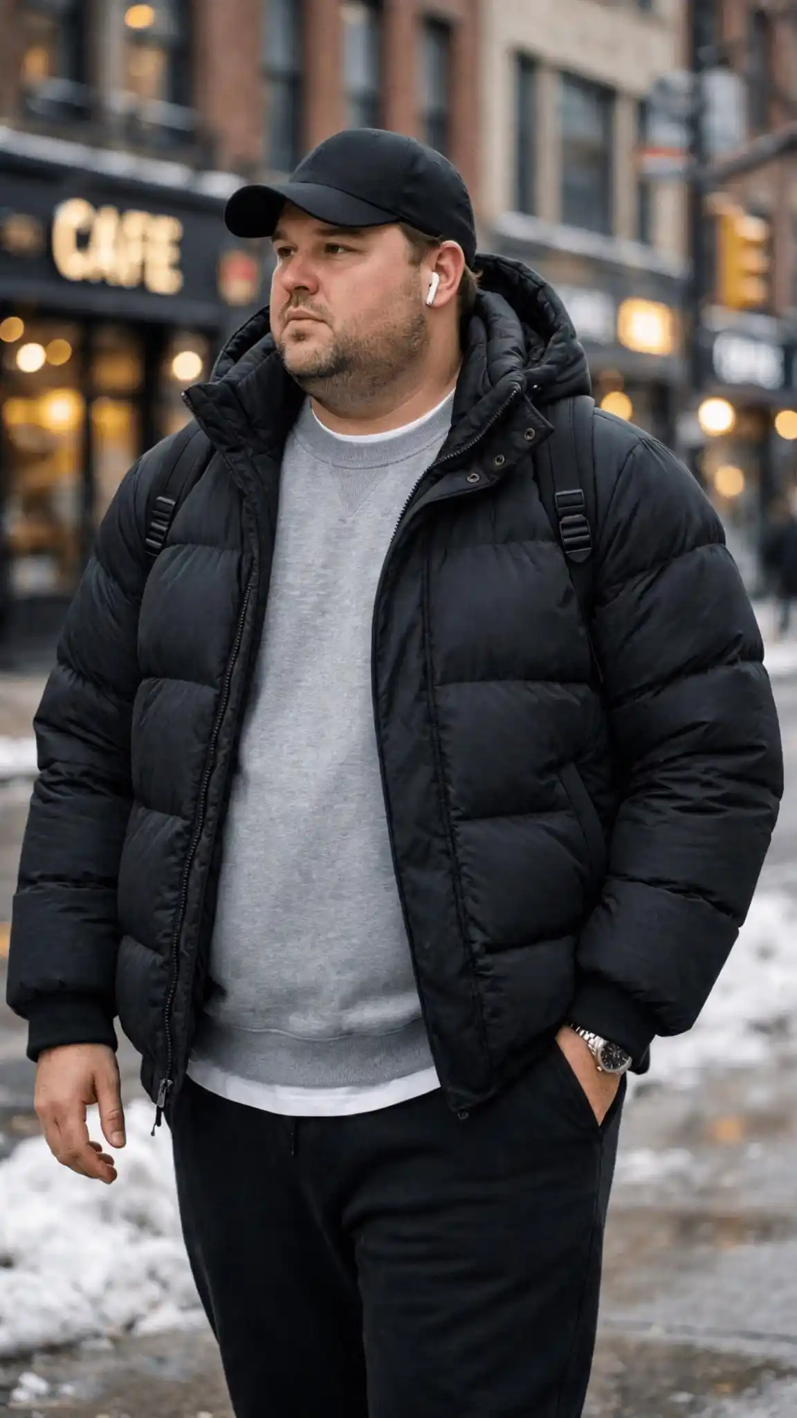 7. Black Puffer Jacket Over Grey Sweatshirt