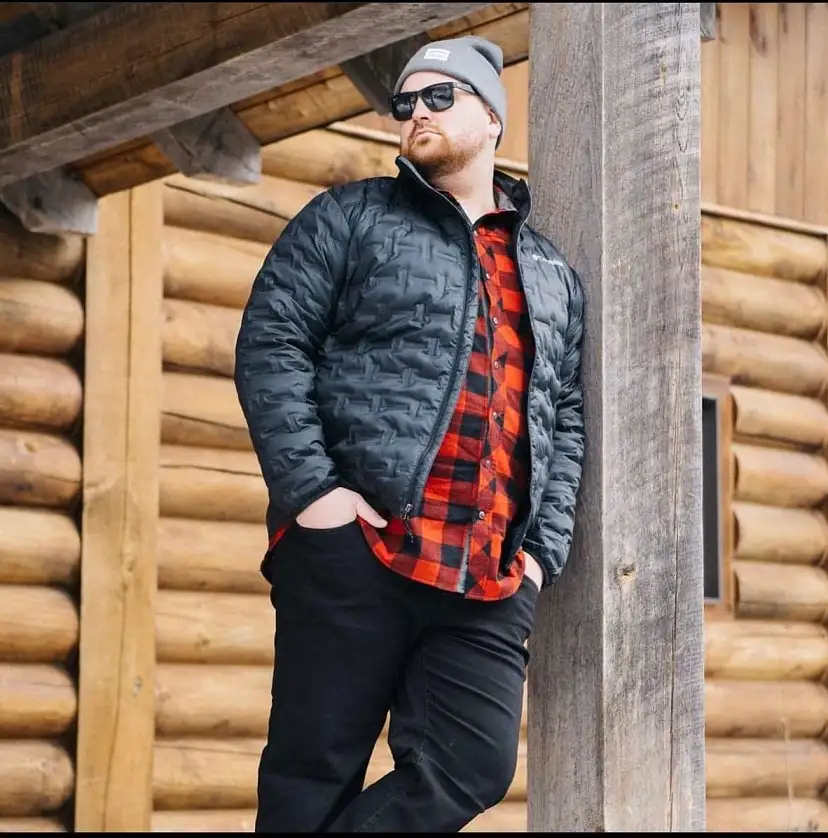 20 Vacation Outfits for Plus Size Men No One Tells You About 8 Puffer Jacket Over Buffalo Plaid